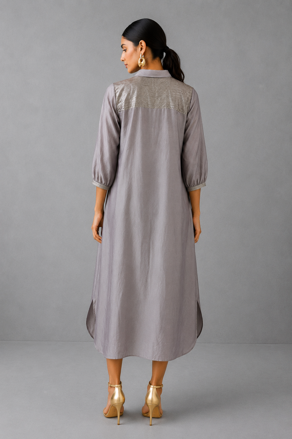 Collared Long Shirt / Shirt Dress - Grey