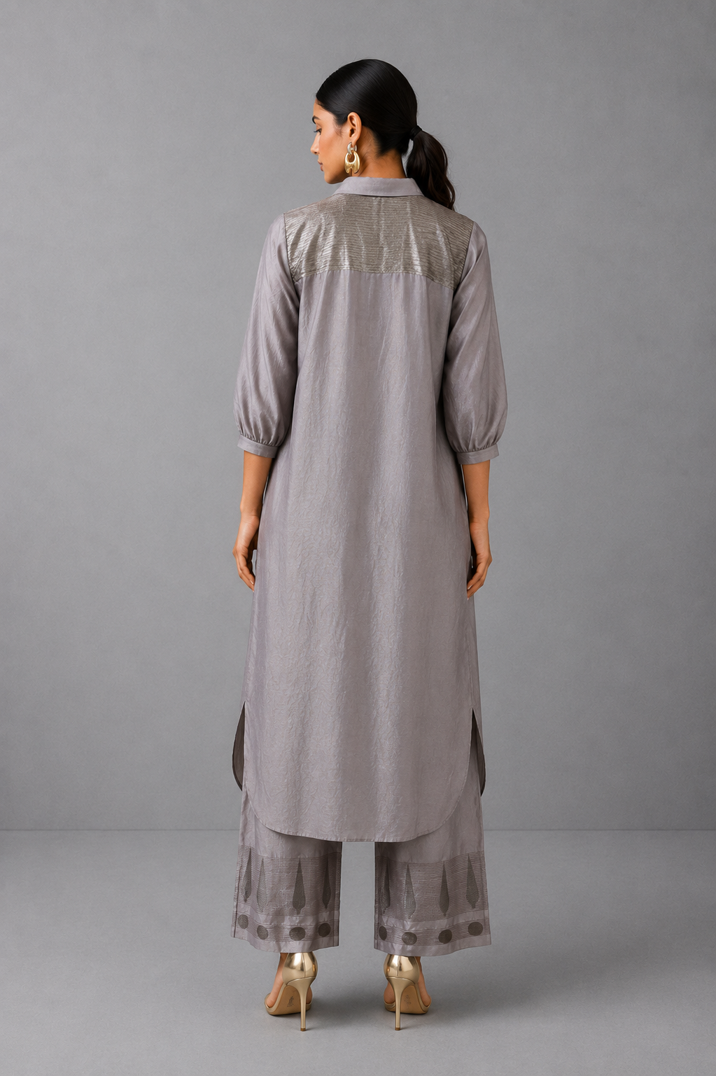 Collared Long Shirt / Shirt Dress & Pants - Silver Grey