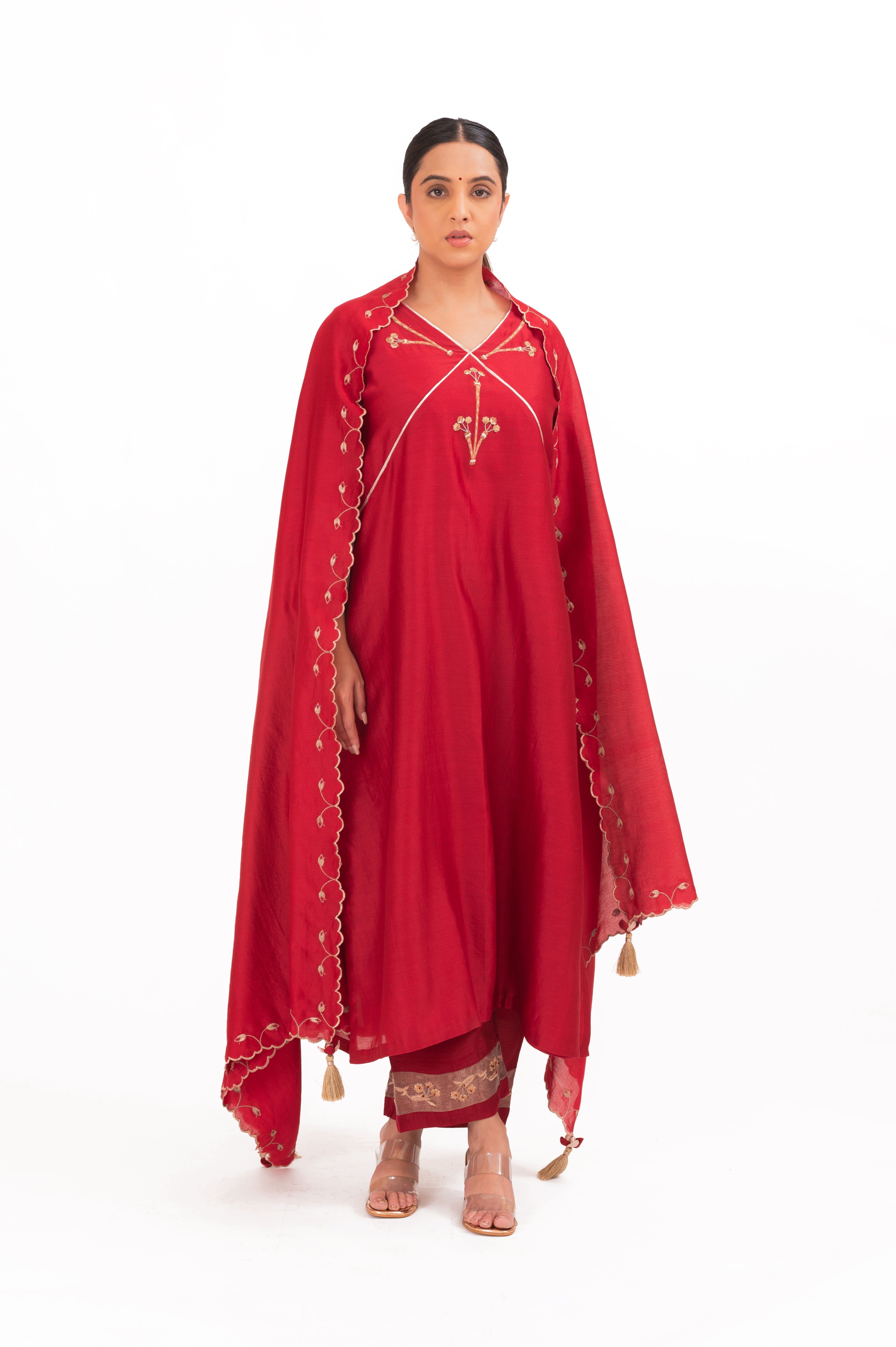 LILA - Crimson Red - V neckline Kurta Set