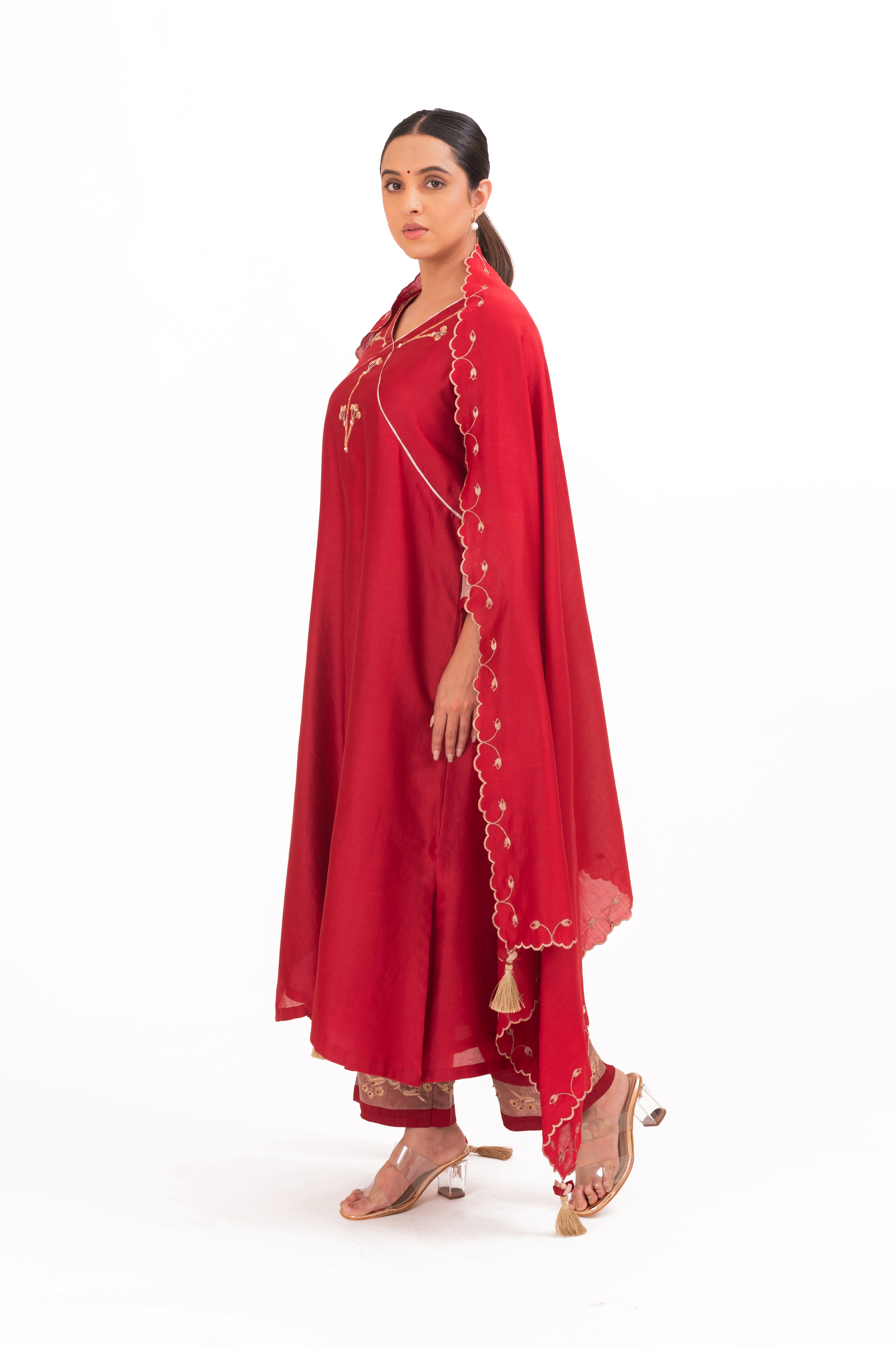 LILA - Crimson Red - V neckline Kurta Set