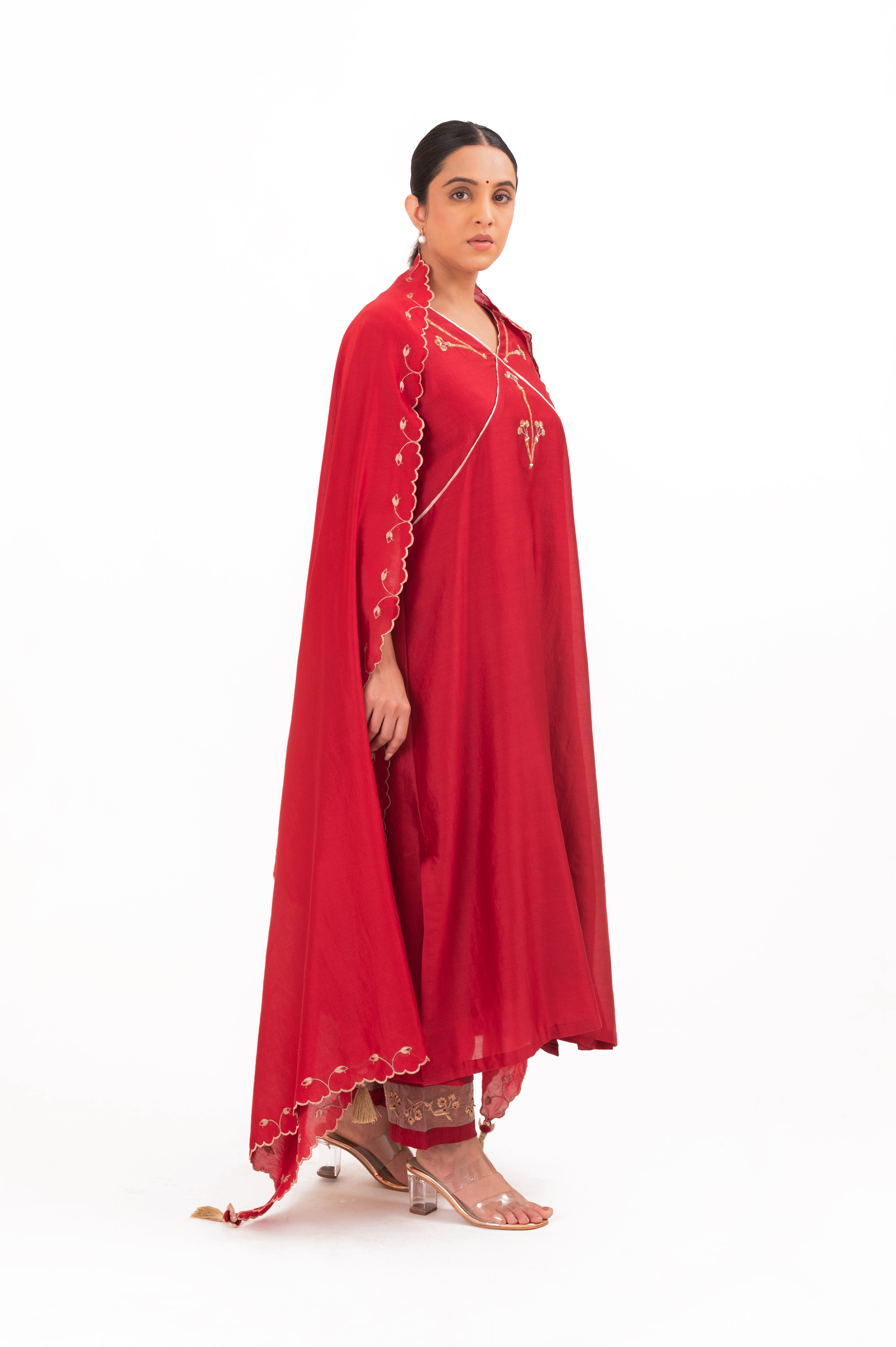 LILA - Crimson Red - V neckline Kurta Set