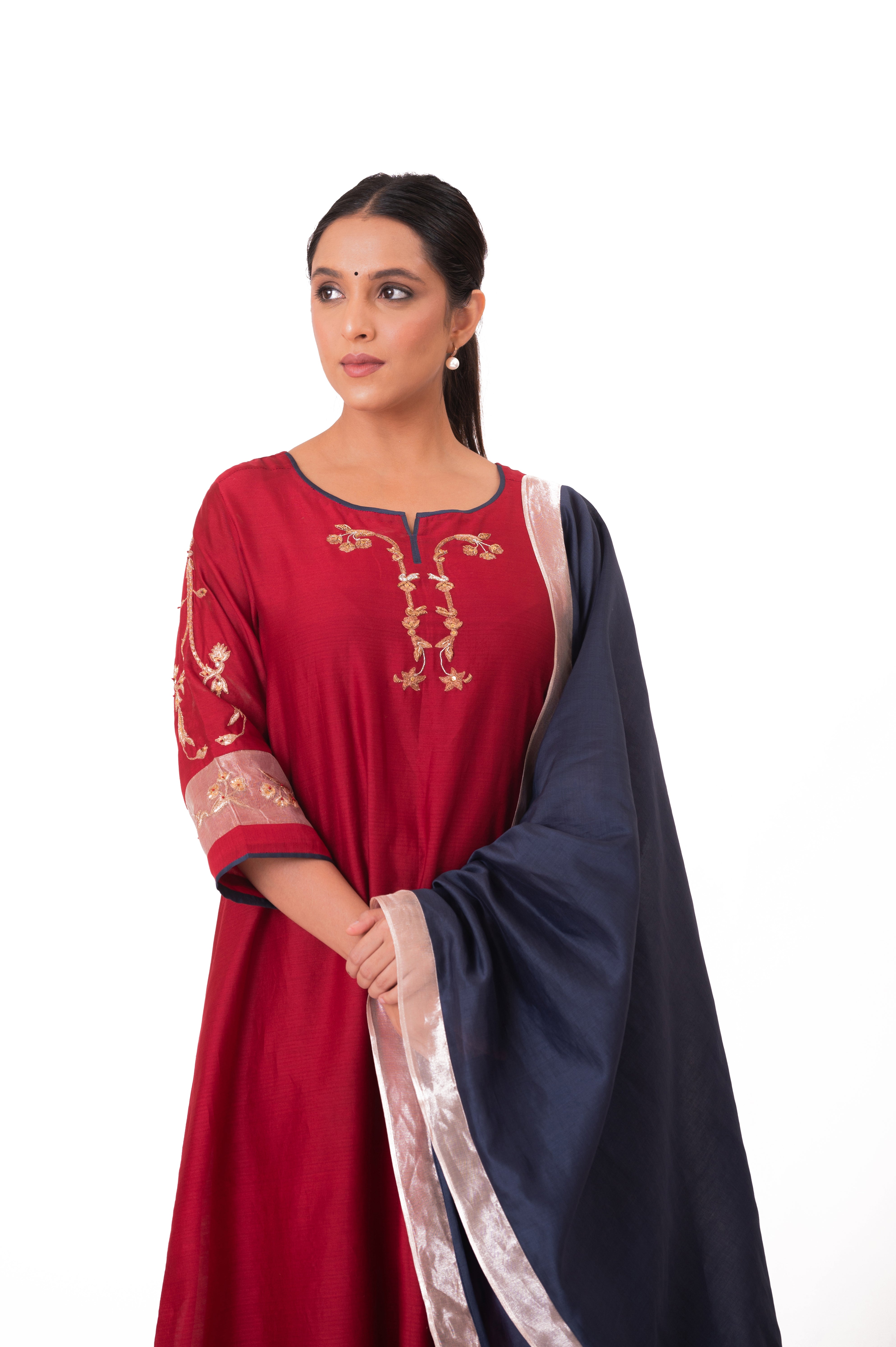 LILA - Crimson Red - Tissue Patch work Dupatta Kurta Set