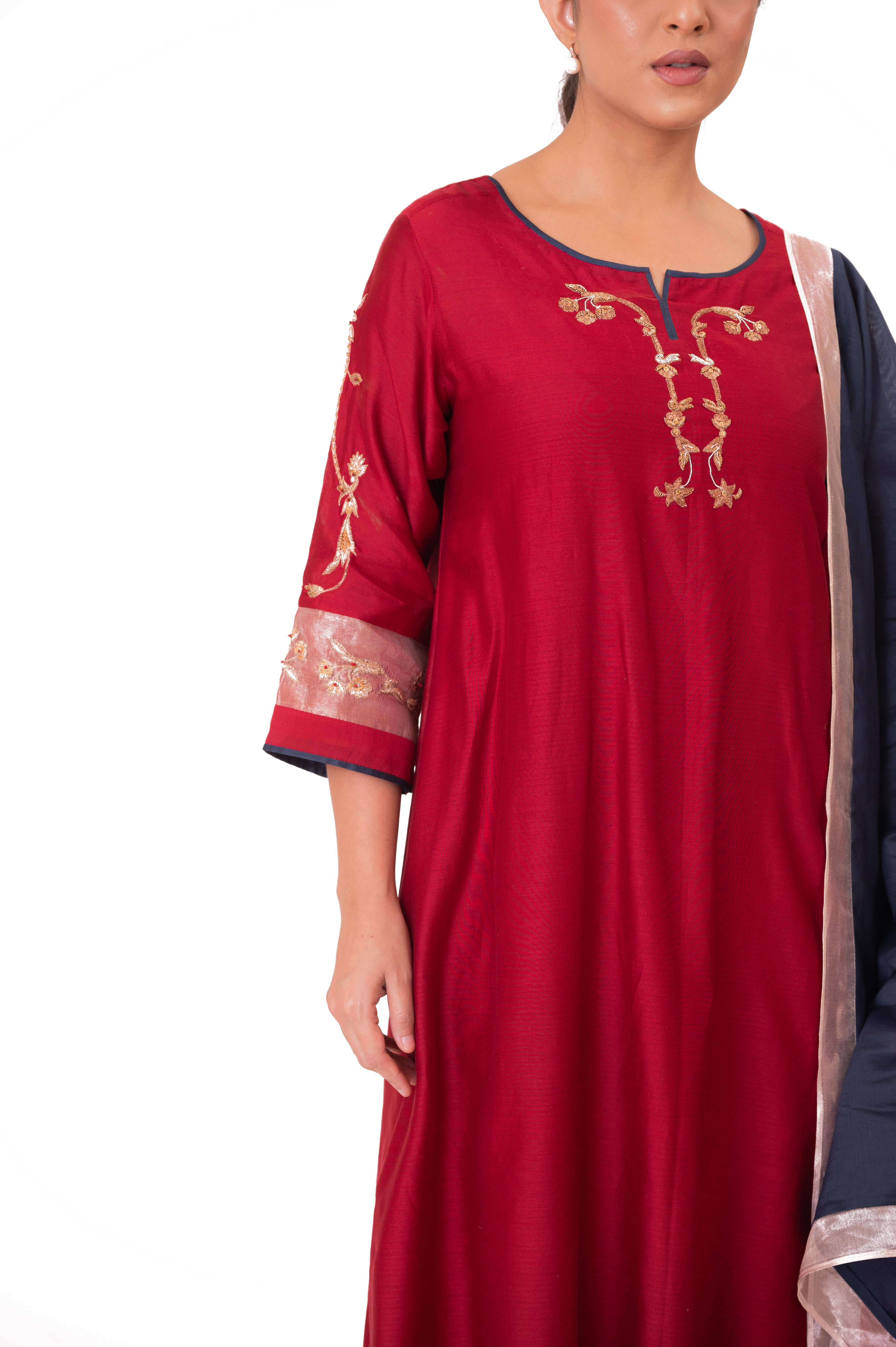 LILA - Crimson Red - Tissue Patch work Dupatta Kurta Set