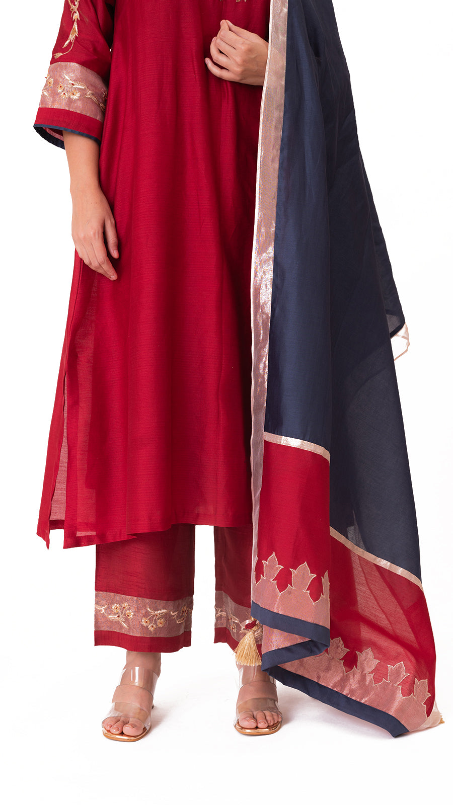 LILA - Crimson Red - Tissue Patch work Dupatta Kurta Set