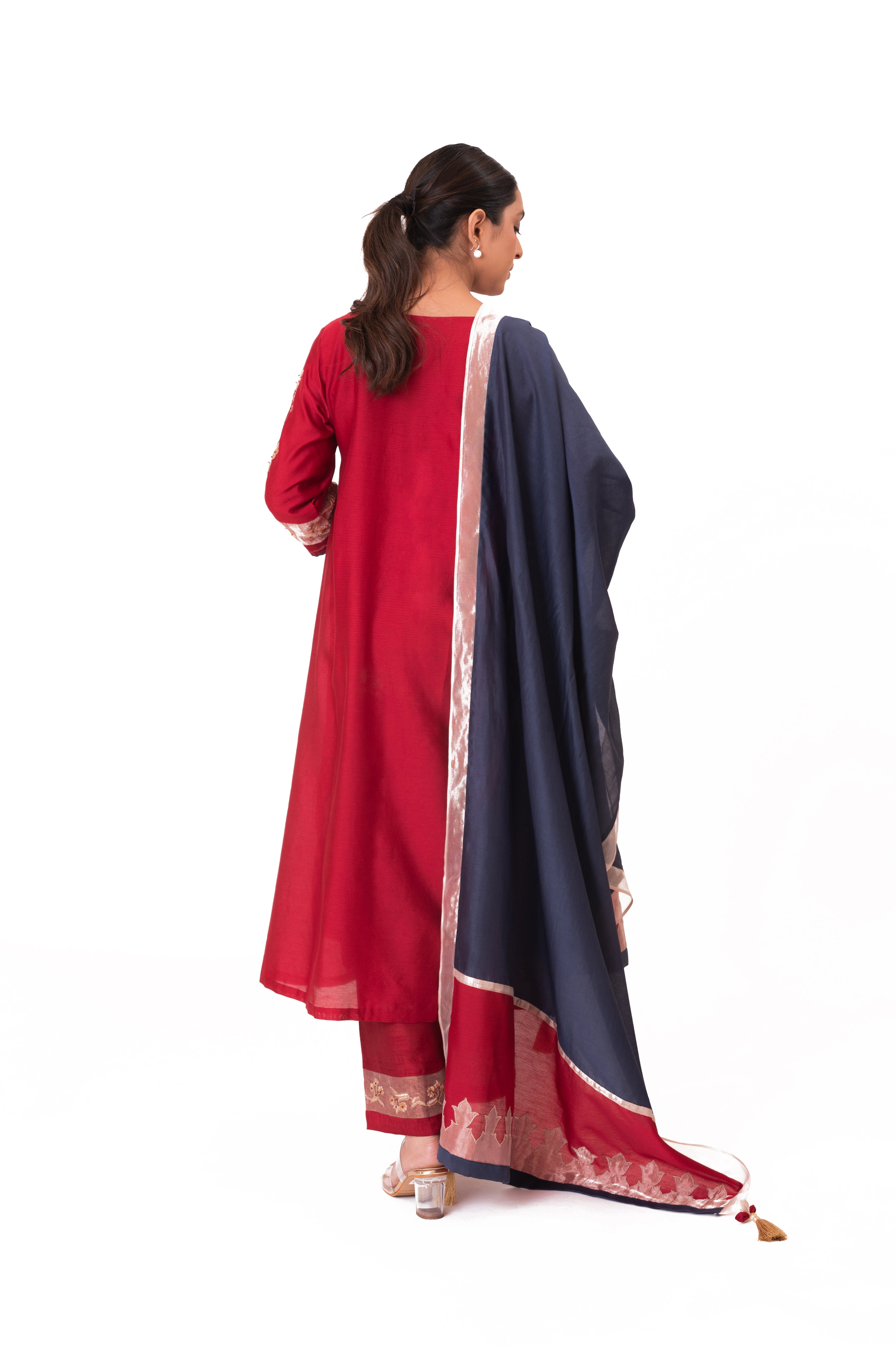 LILA - Crimson Red - Tissue Patch work Dupatta Kurta Set