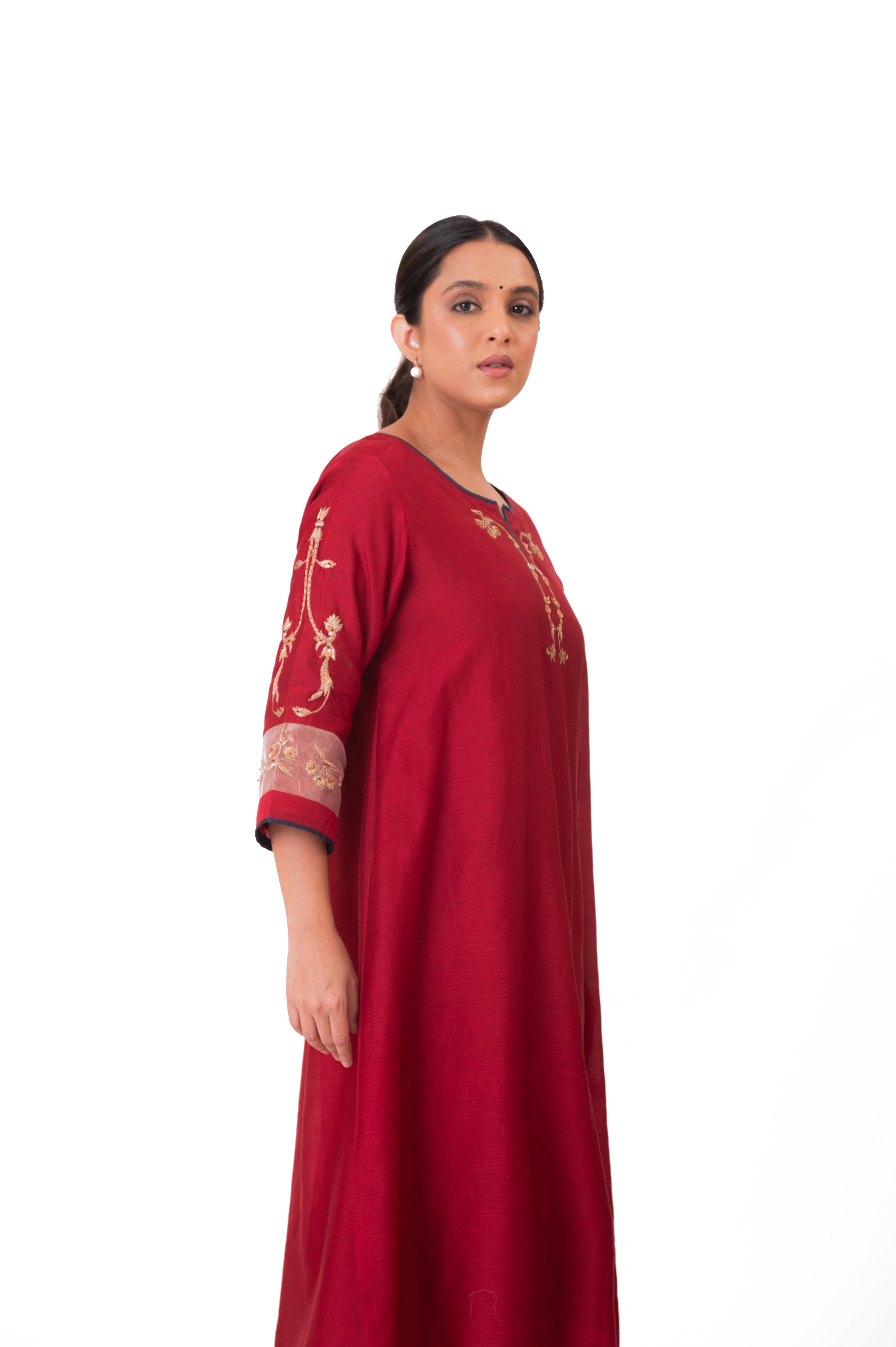 LILA - Crimson Red - Tissue Patch work Dupatta Kurta Set