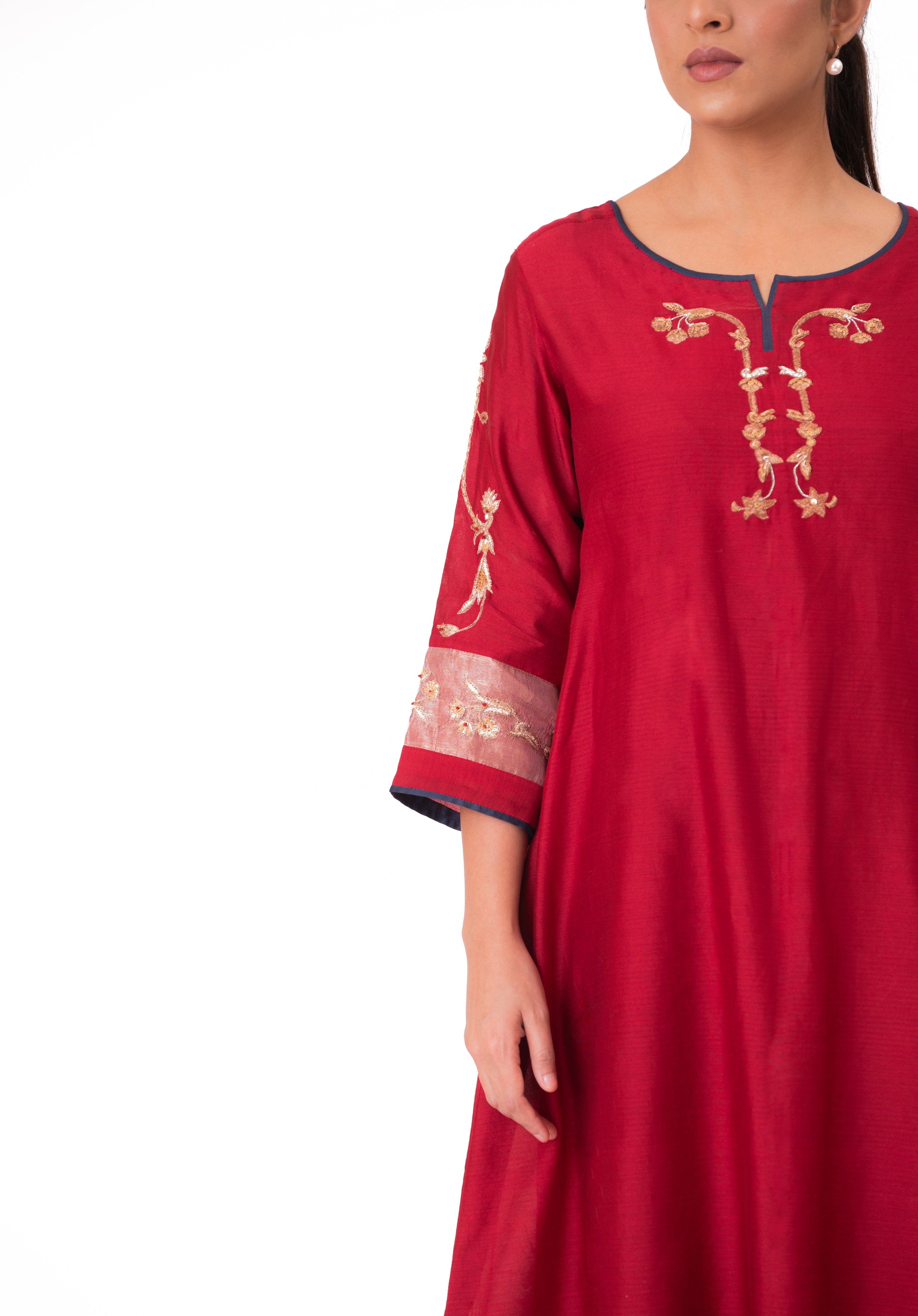 LILA - Crimson Red - Tissue Patch work Dupatta Kurta Set