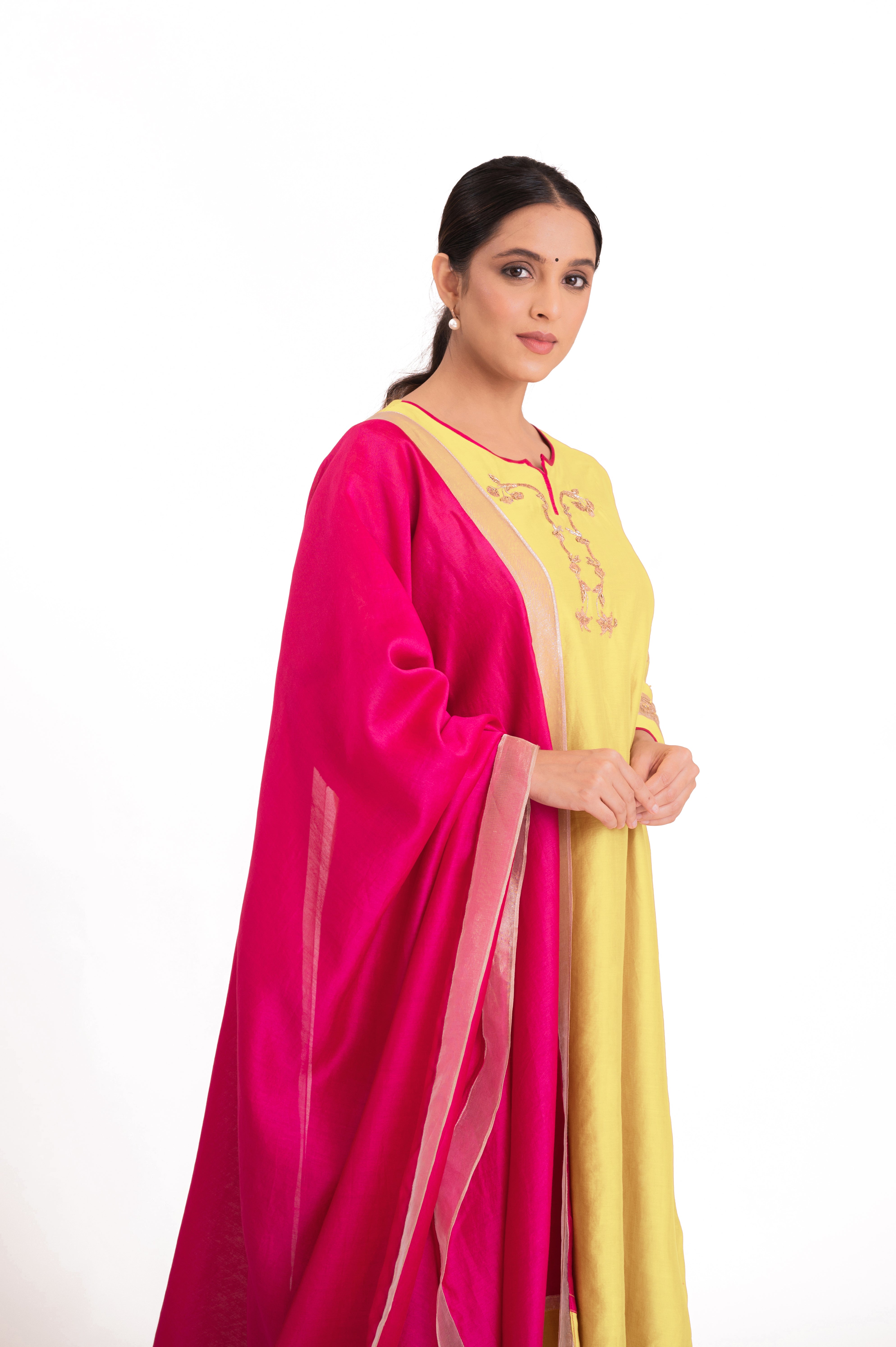 LILA - Pastel Yellow - Tissue Patch work Dupatta Kurta Set