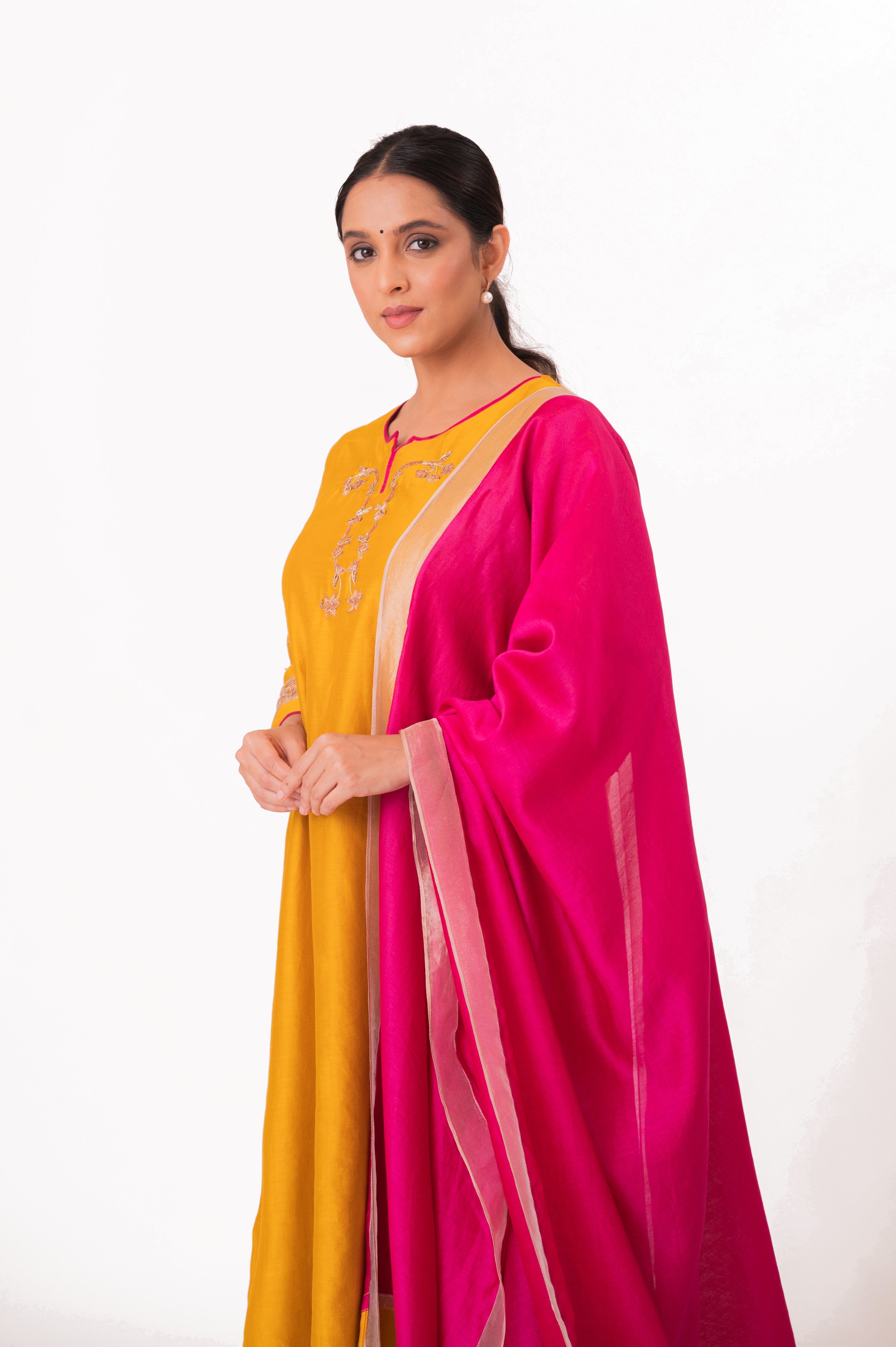 LILA - Golden Yellow - Tissue Patch work Dupatta Kurta Set