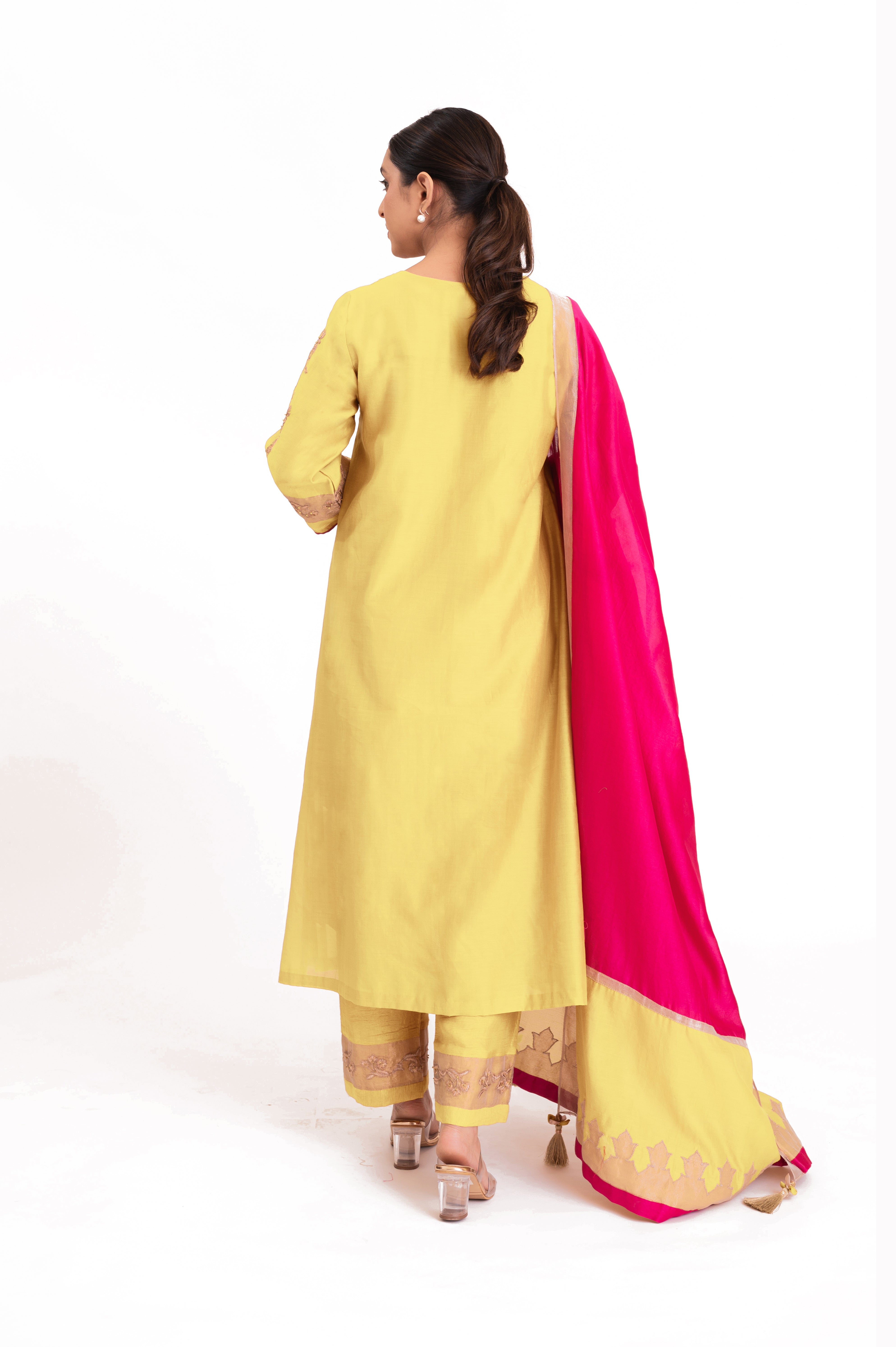 LILA - Pastel Yellow - Tissue Patch work Dupatta Kurta Set