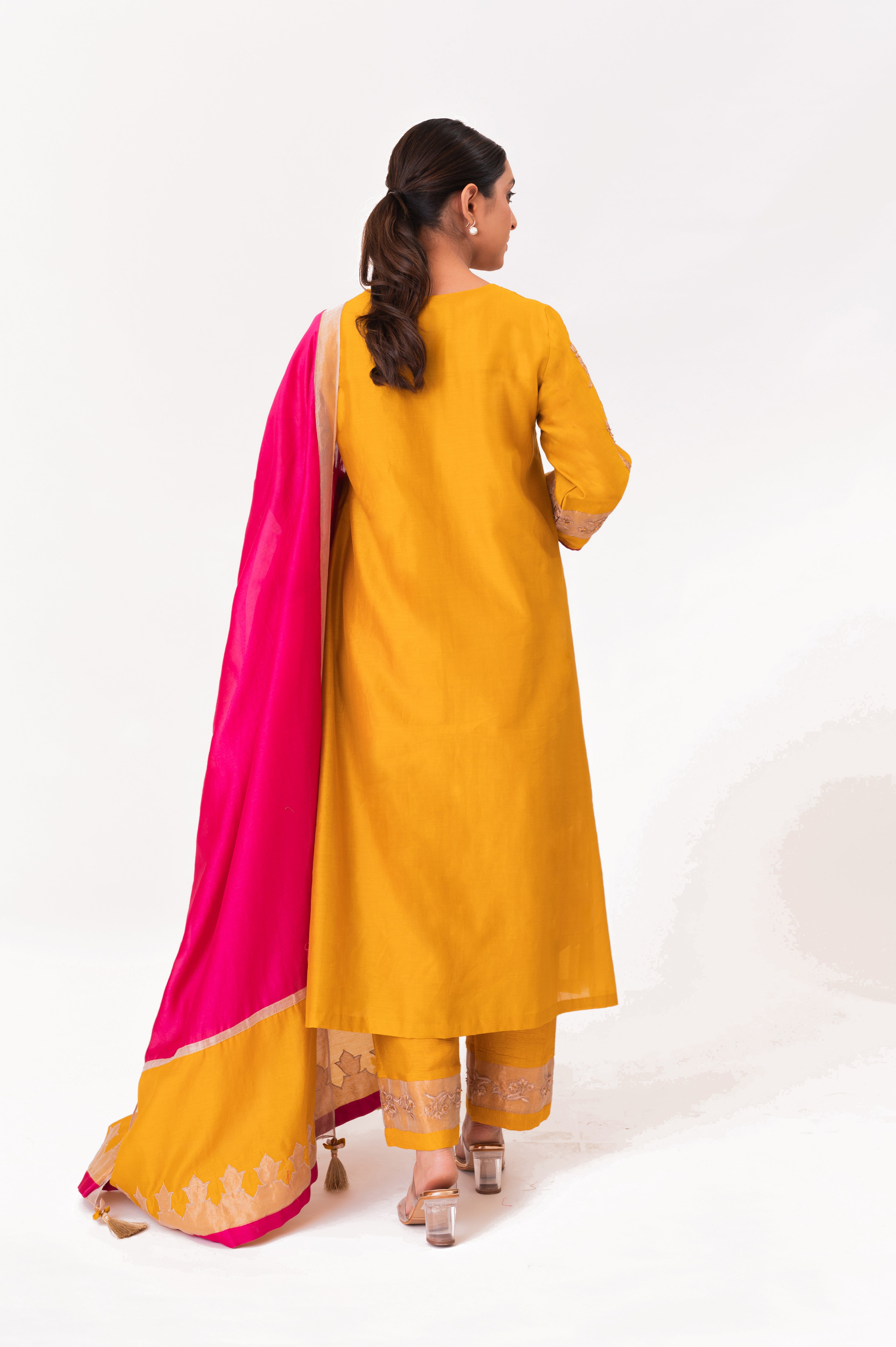 LILA - Golden Yellow - Tissue Patch work Dupatta Kurta Set