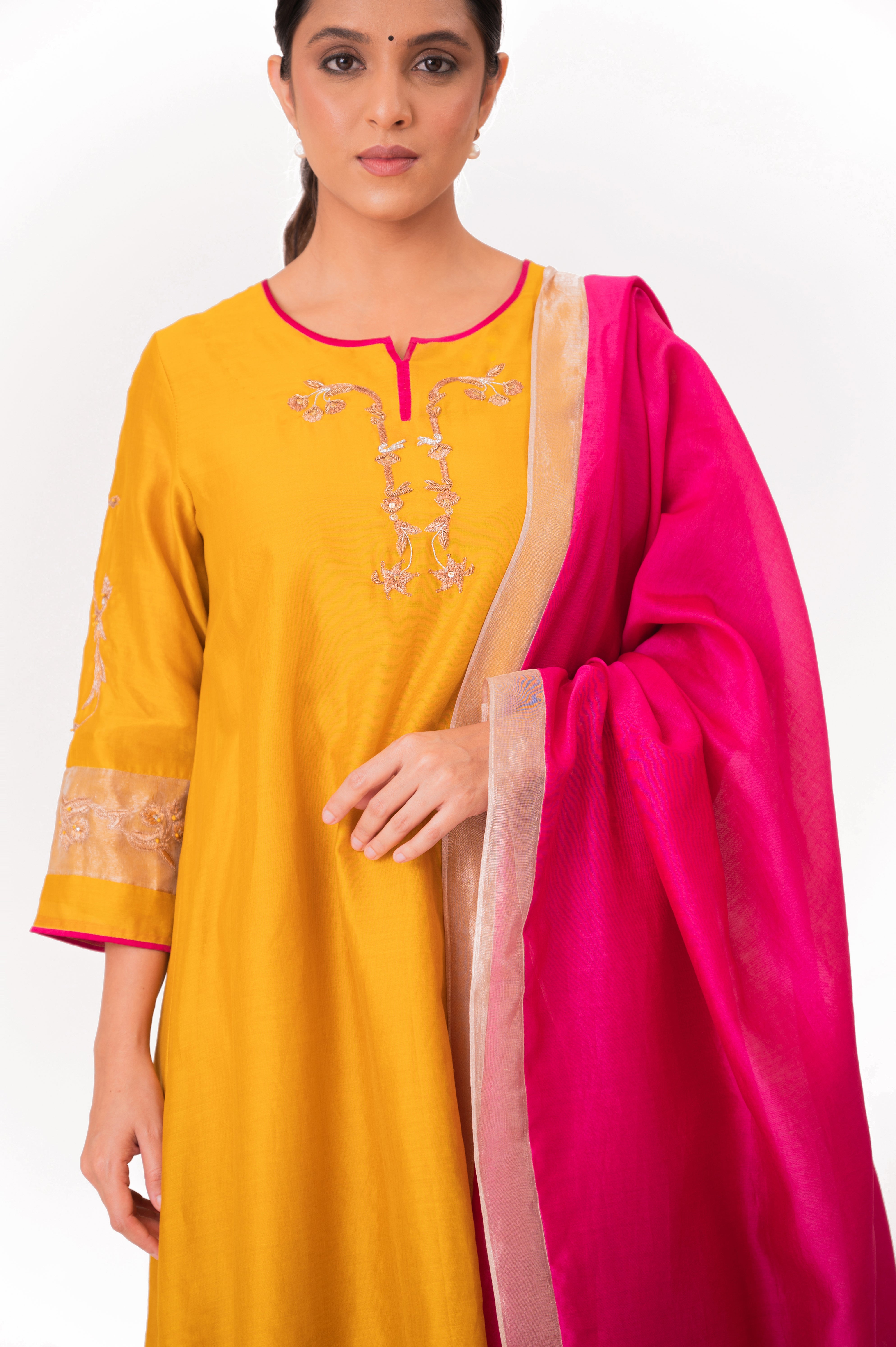 LILA - Golden Yellow - Tissue Patch work Dupatta Kurta Set