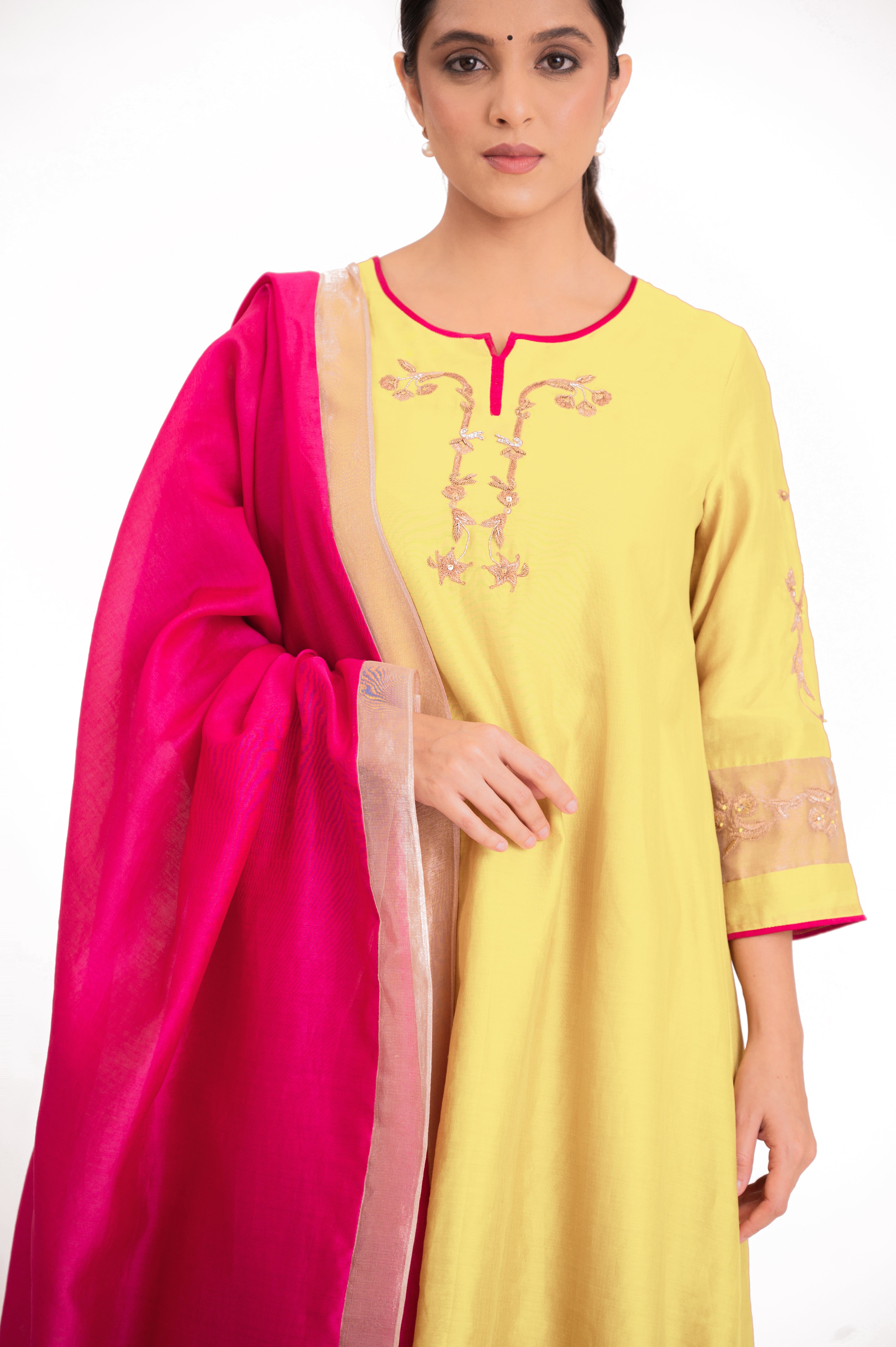 LILA - Pastel Yellow - Tissue Patch work Dupatta Kurta Set