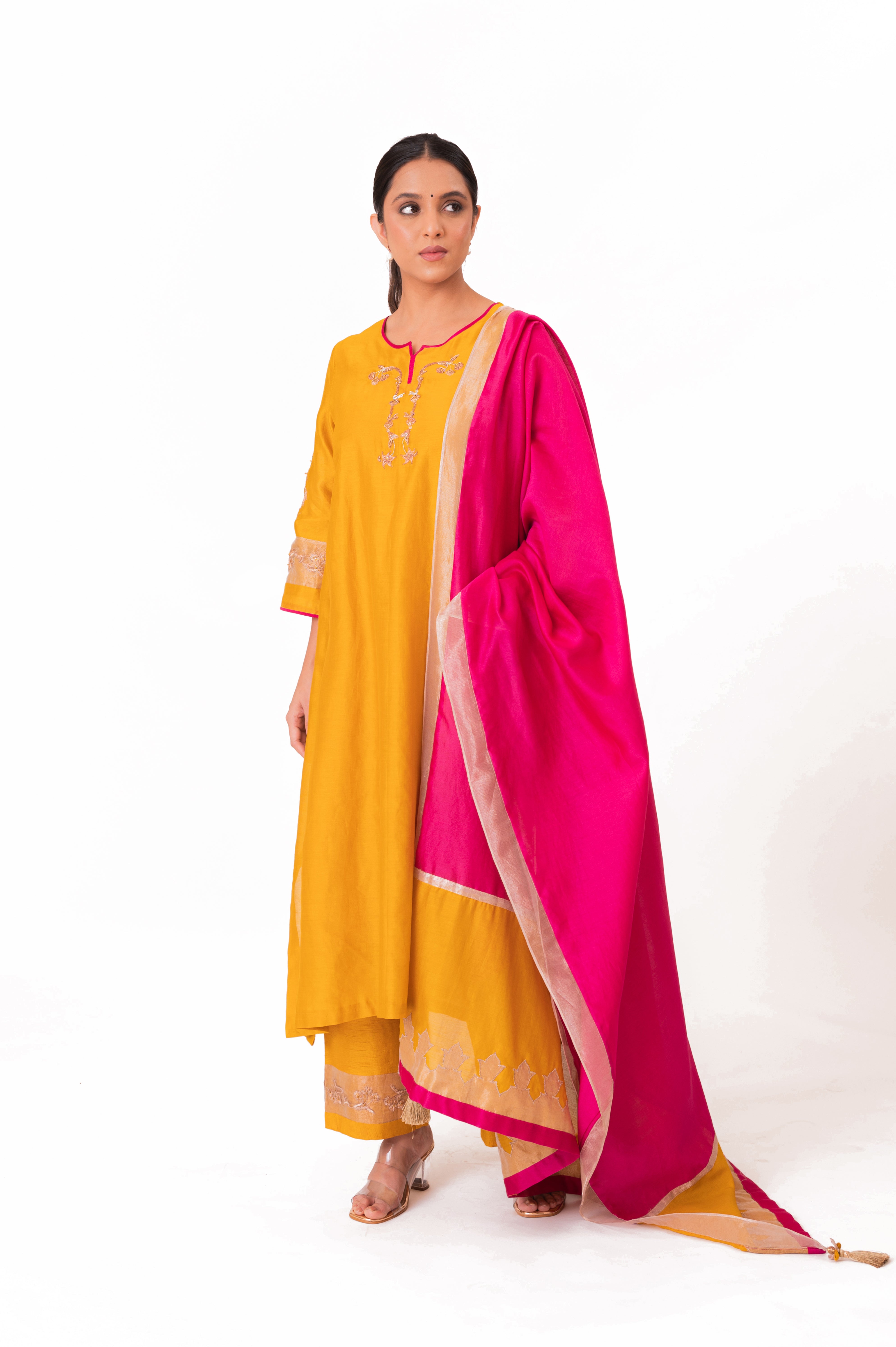 LILA - Golden Yellow - Tissue Patch work Dupatta Kurta Set