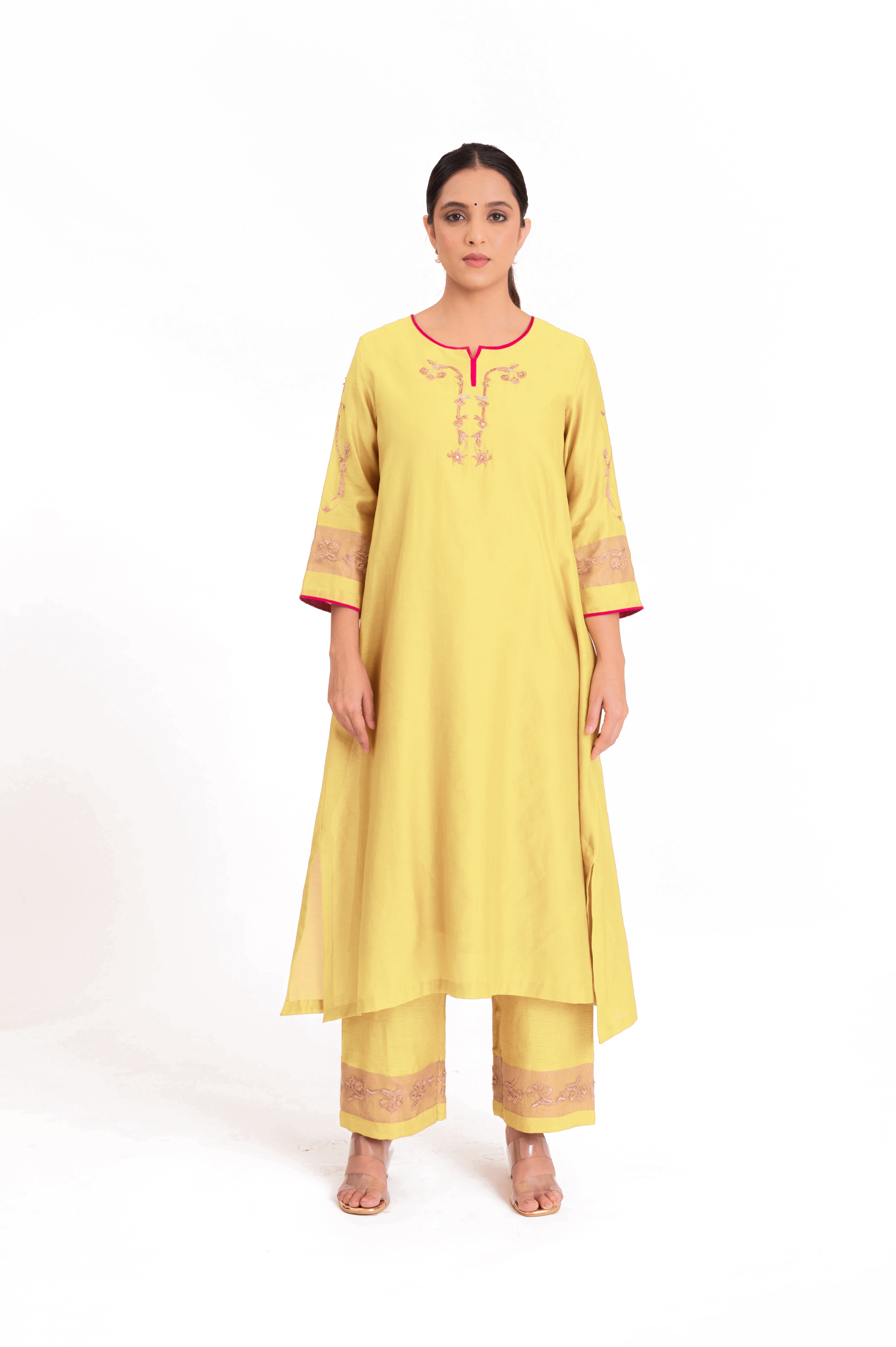 LILA - Pastel Yellow - Tissue Patch work Dupatta Kurta Set