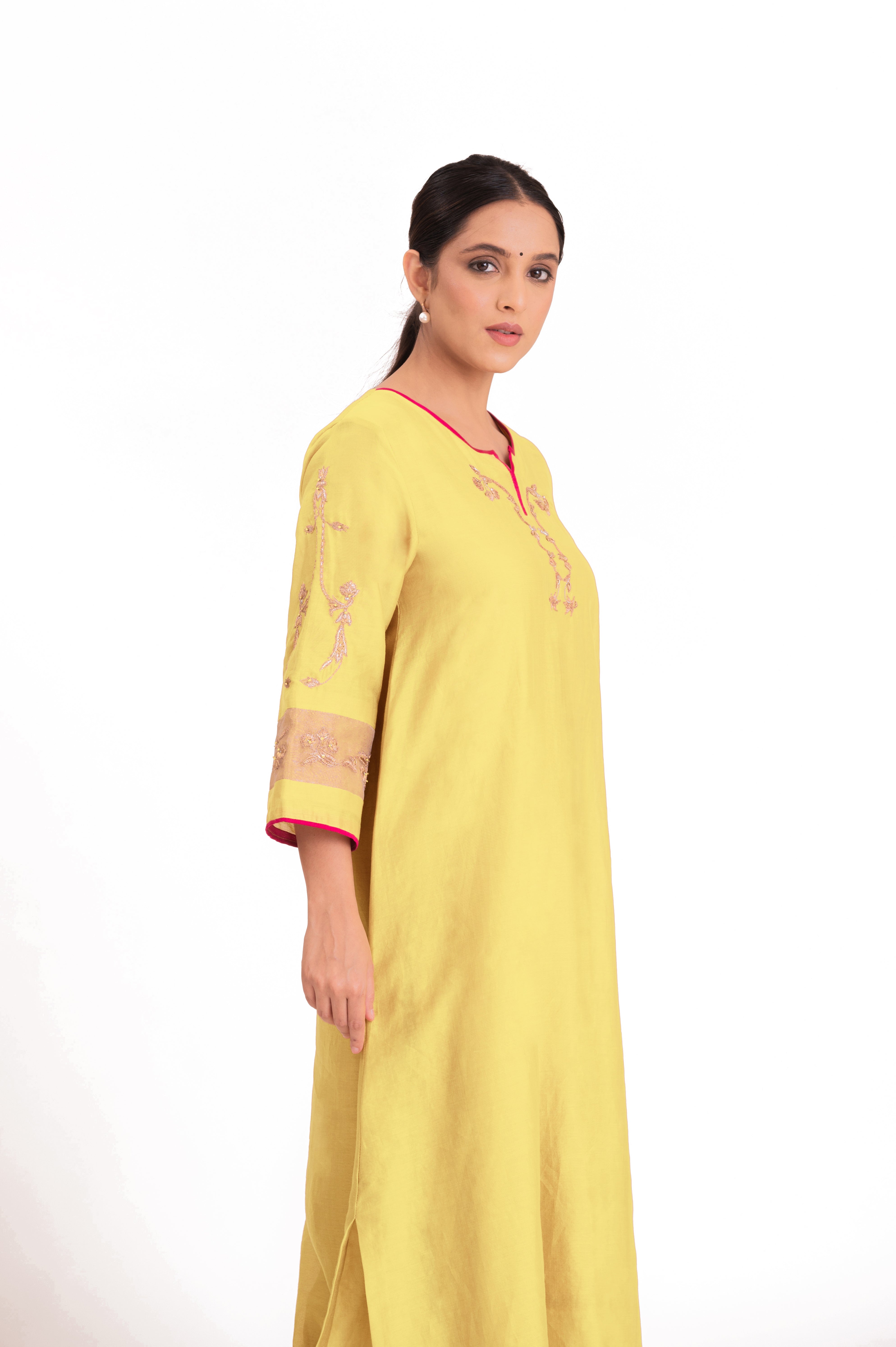 LILA - Pastel Yellow - Tissue Patch work Dupatta Kurta Set