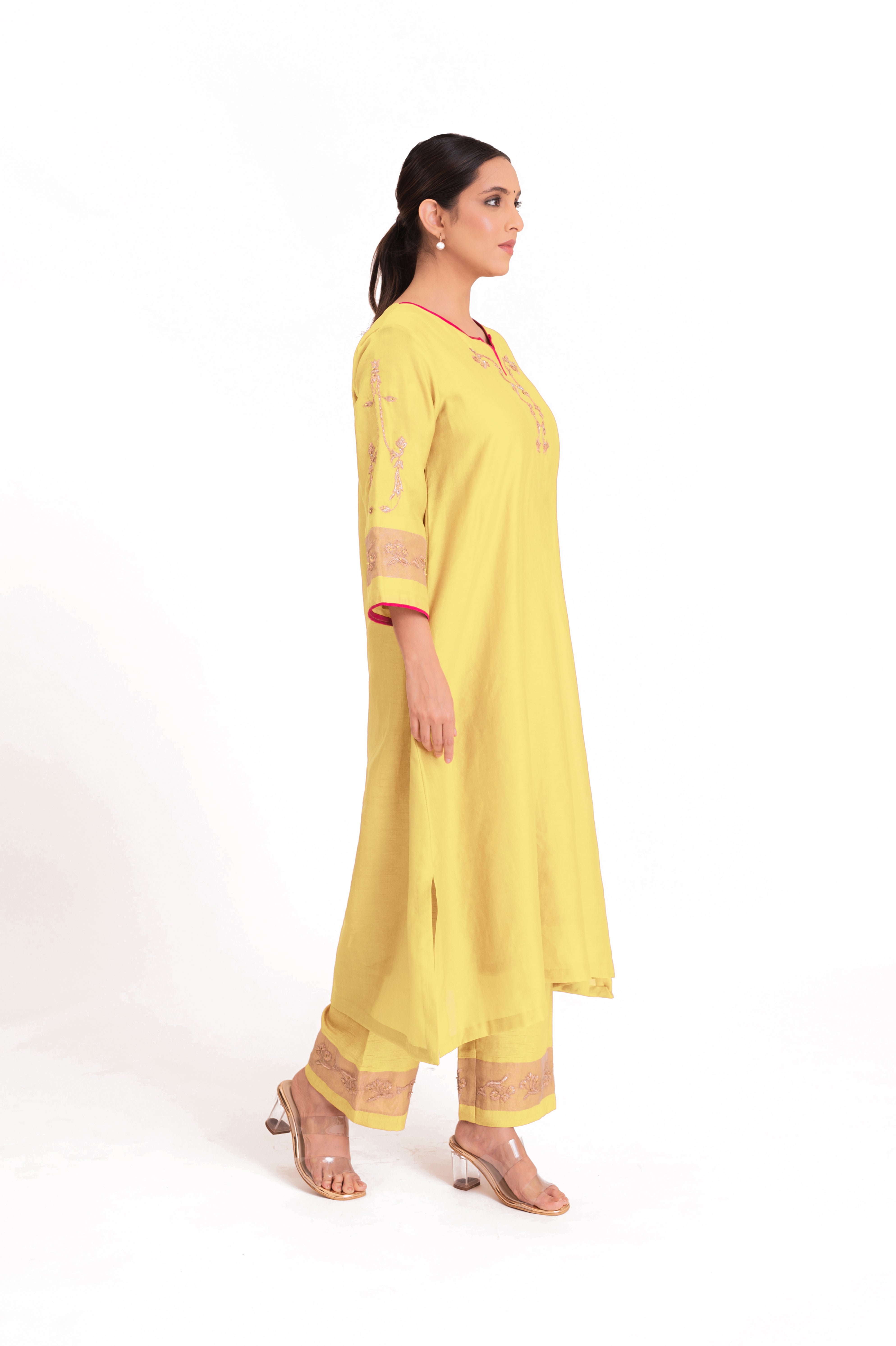 LILA - Pastel Yellow - Tissue Patch work Dupatta Kurta Set