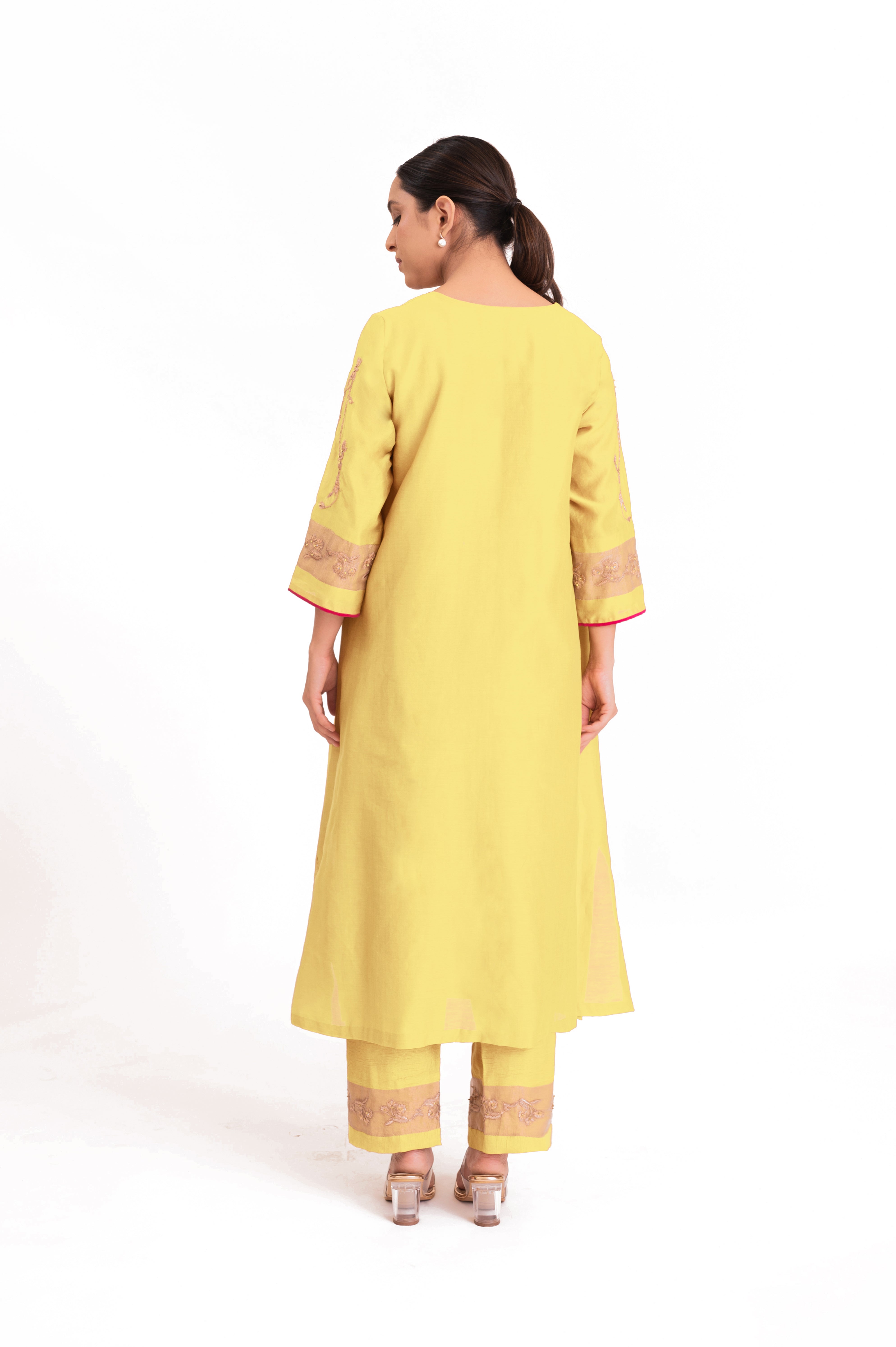 LILA - Pastel Yellow - Tissue Patch work Dupatta Kurta Set