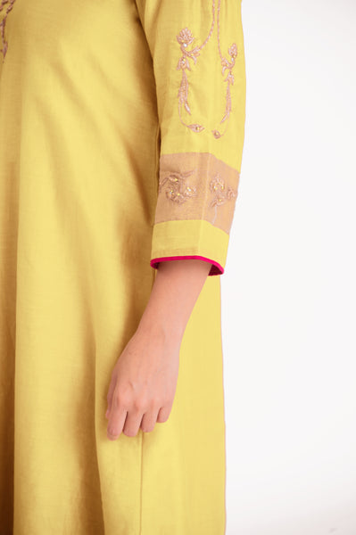 LILA - Pastel Yellow - Tissue Patch work Dupatta Kurta Set