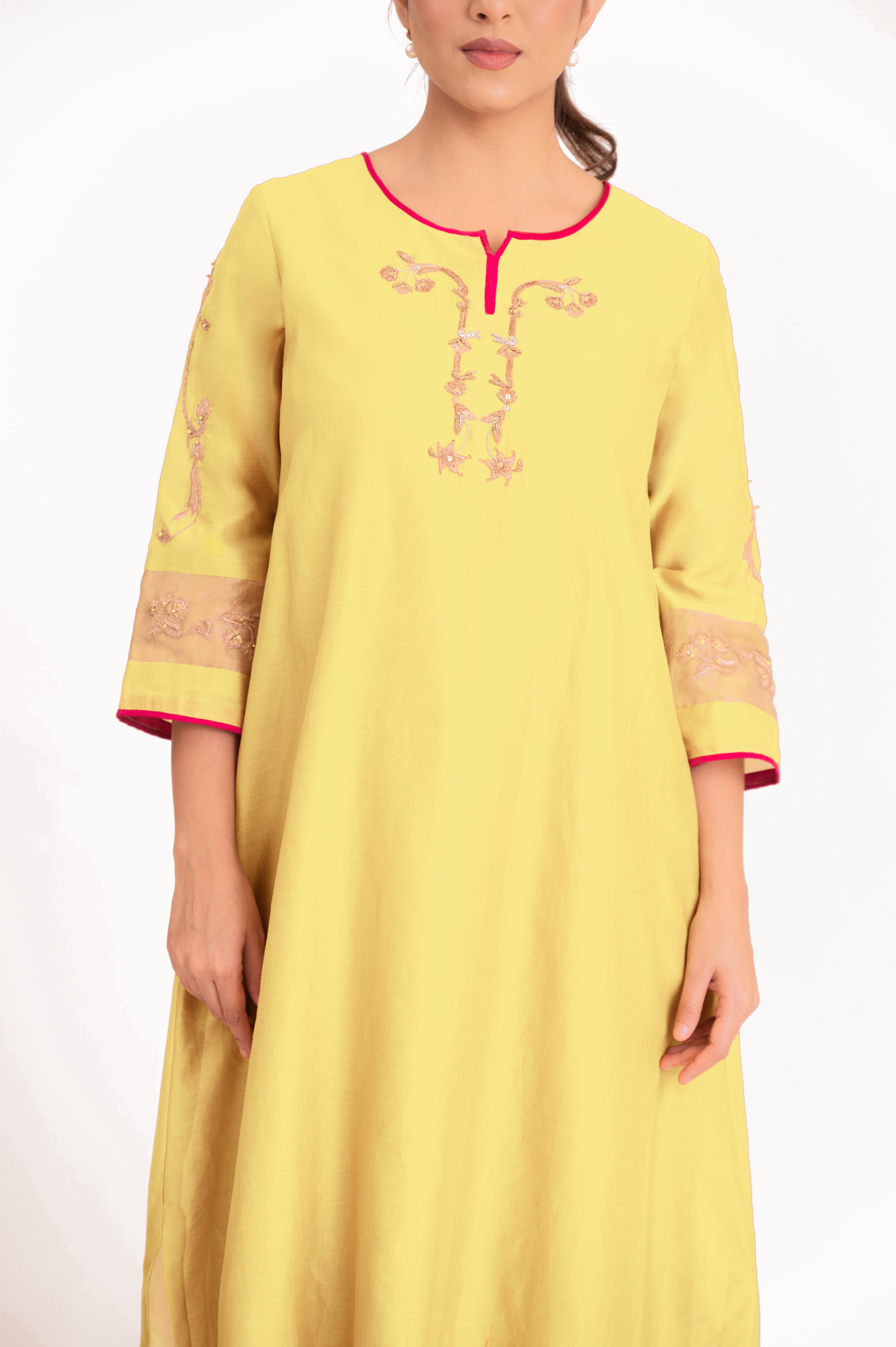 LILA - Pastel Yellow - Tissue Patch work Dupatta Kurta Set