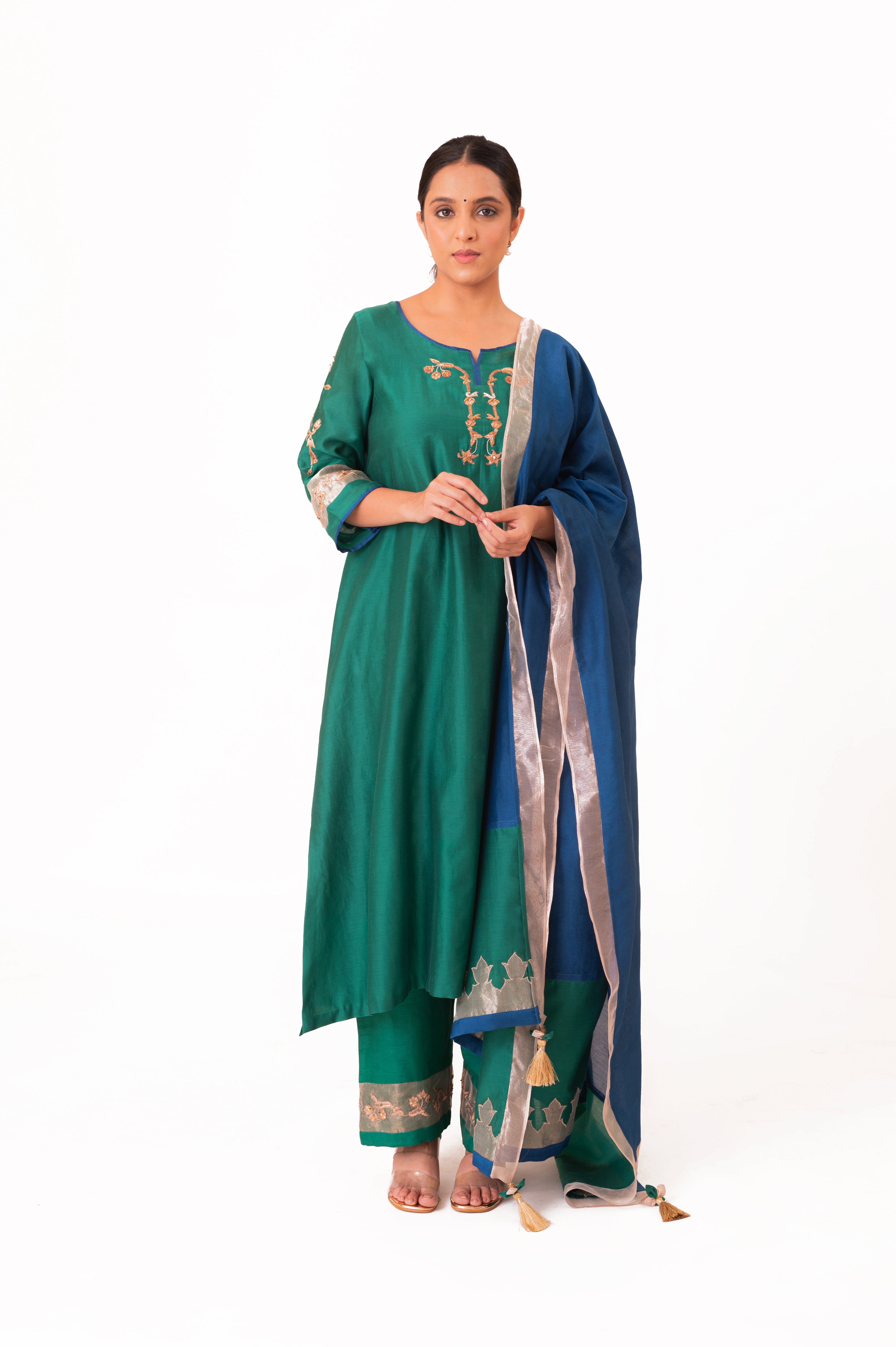 LILA - Emerald Green - Tissue Patch work Dupatta Kurta Set