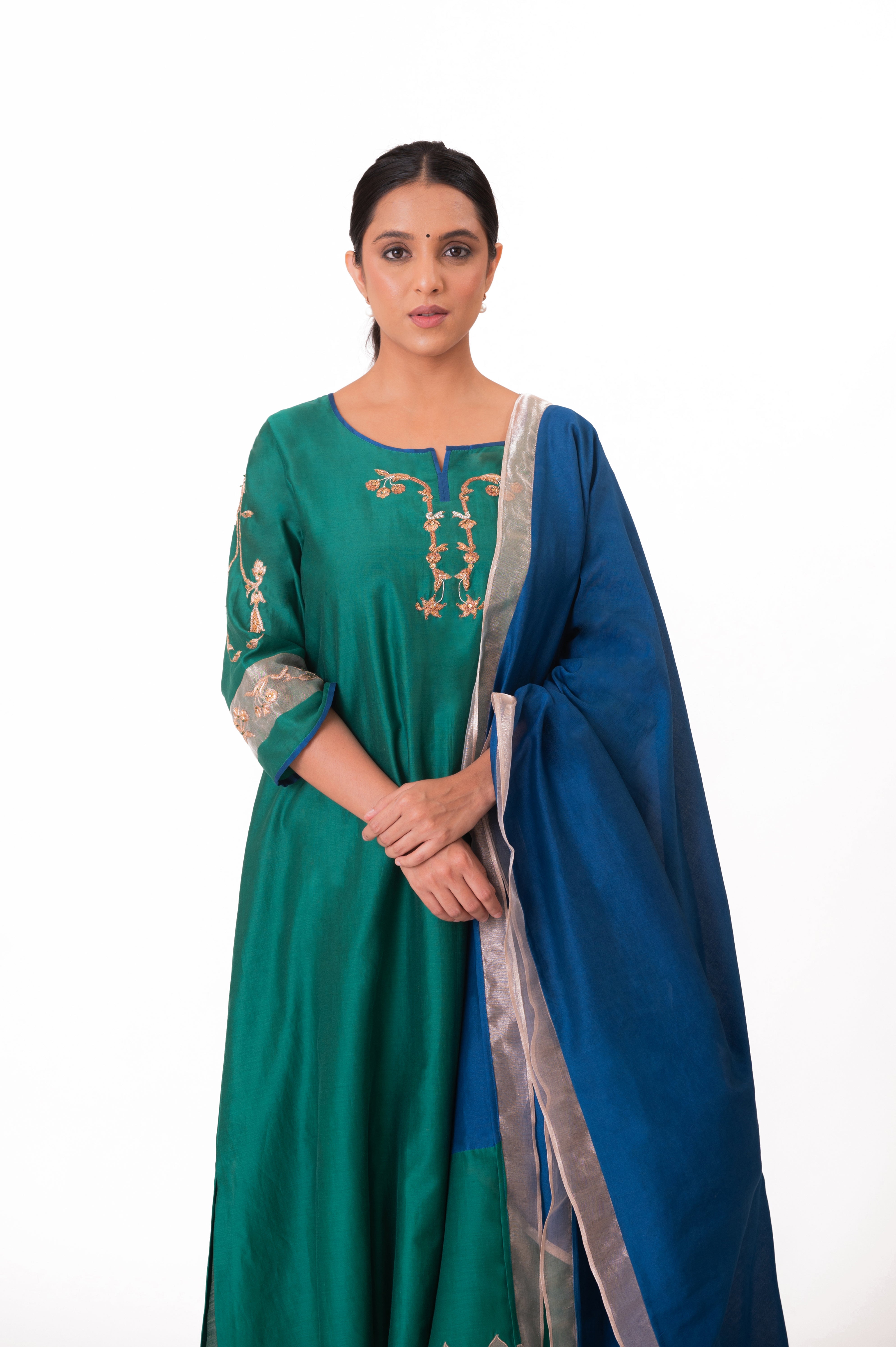 LILA - Emerald Green - Tissue Patch work Dupatta Kurta Set
