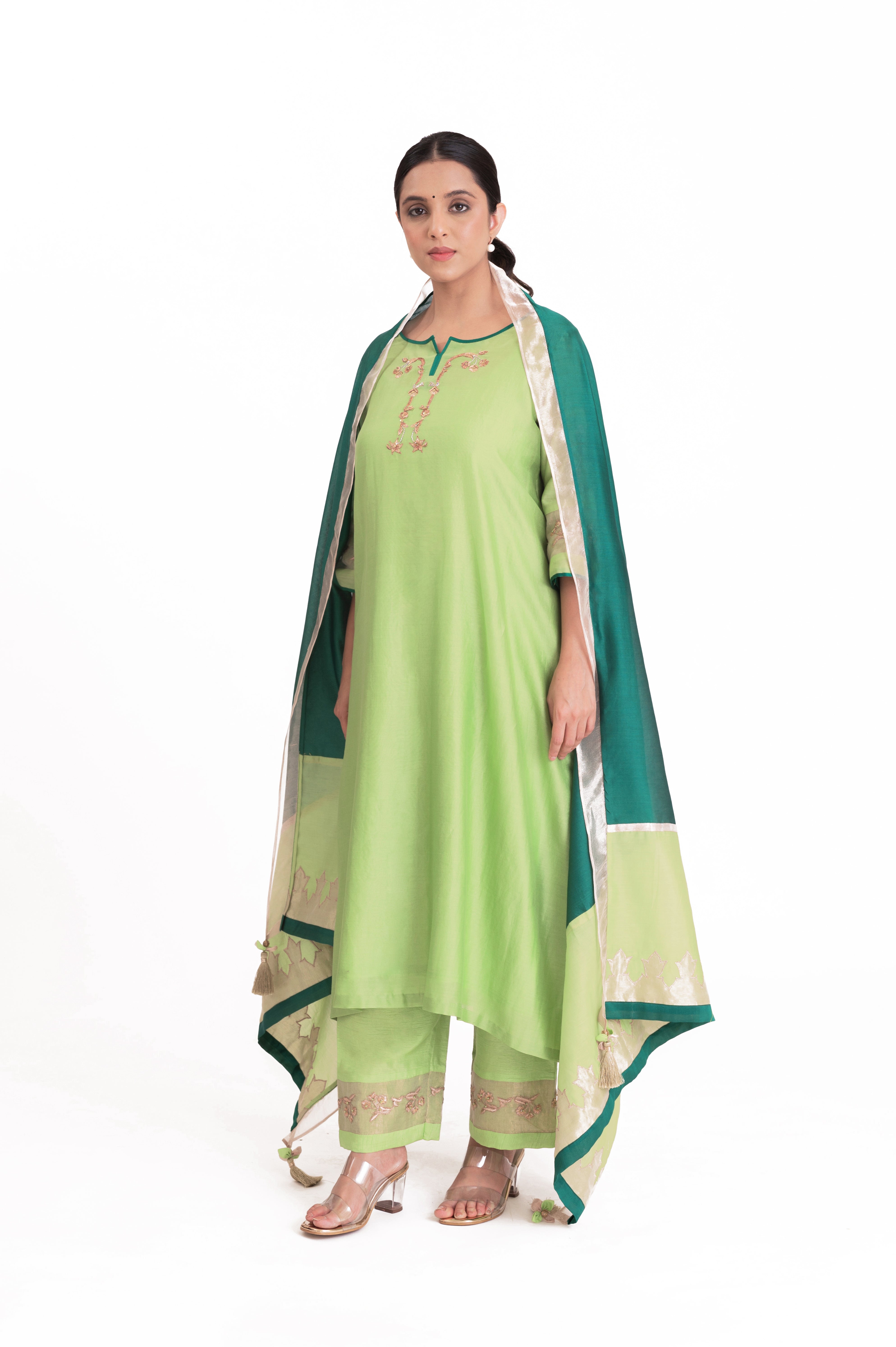 LILA - Pistachio Green - Tissue Patch work Dupatta Kurta Set