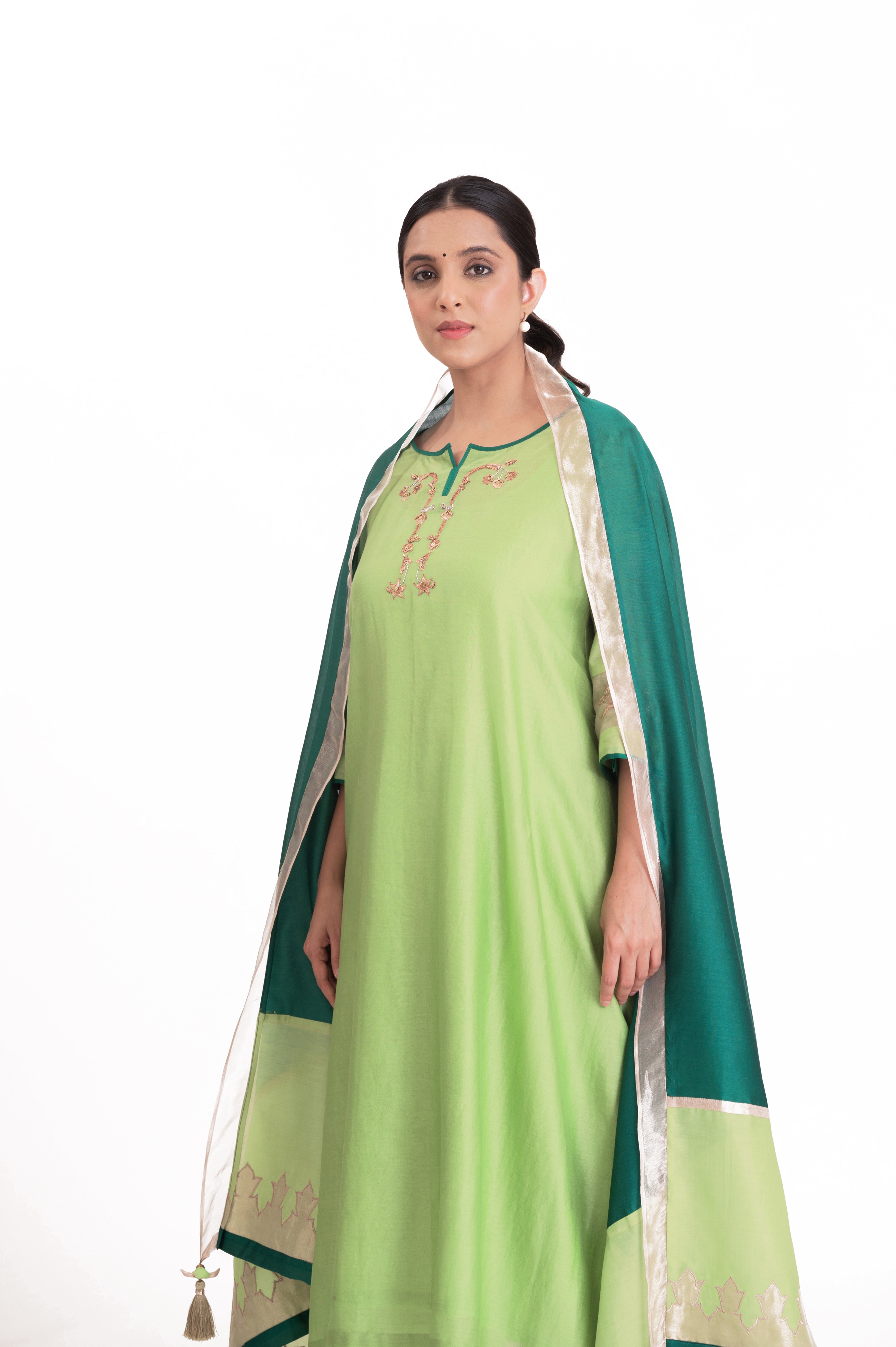 LILA - Pistachio Green - Tissue Patch work Dupatta Kurta Set