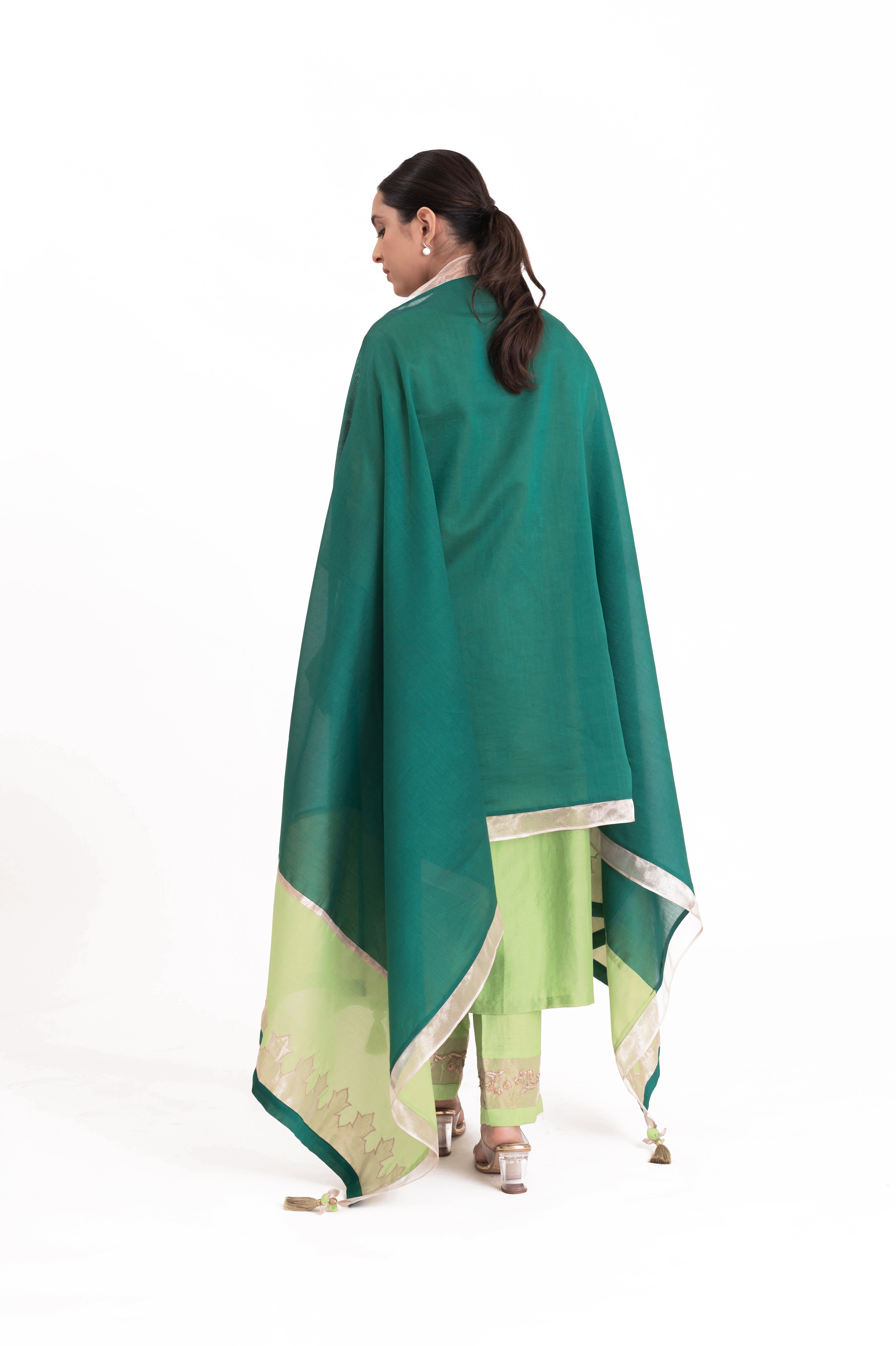 LILA - Pistachio Green - Tissue Patch work Dupatta Kurta Set
