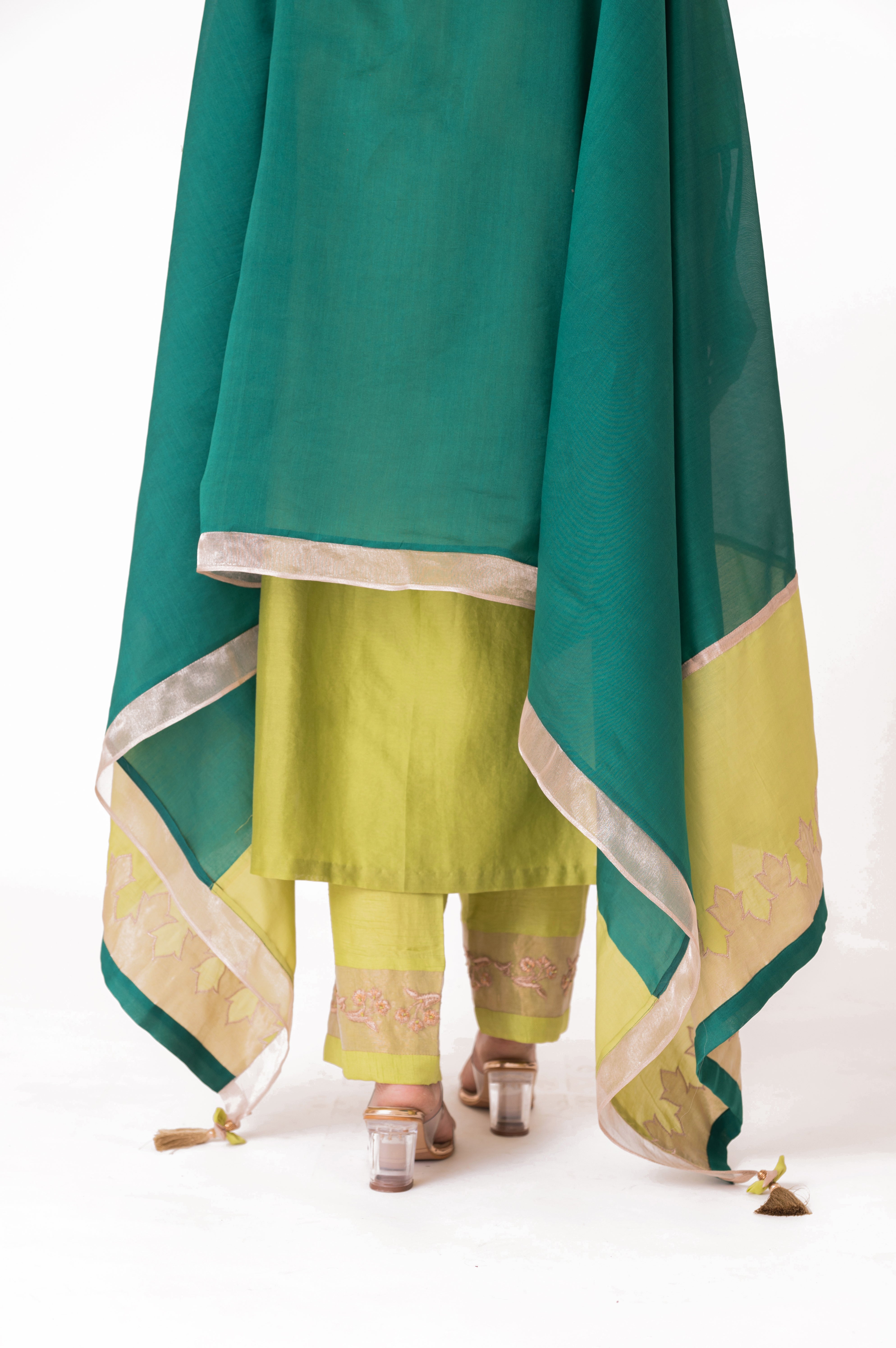 LILA - Lime Green - Tissue Patch work Dupatta Kurta Set