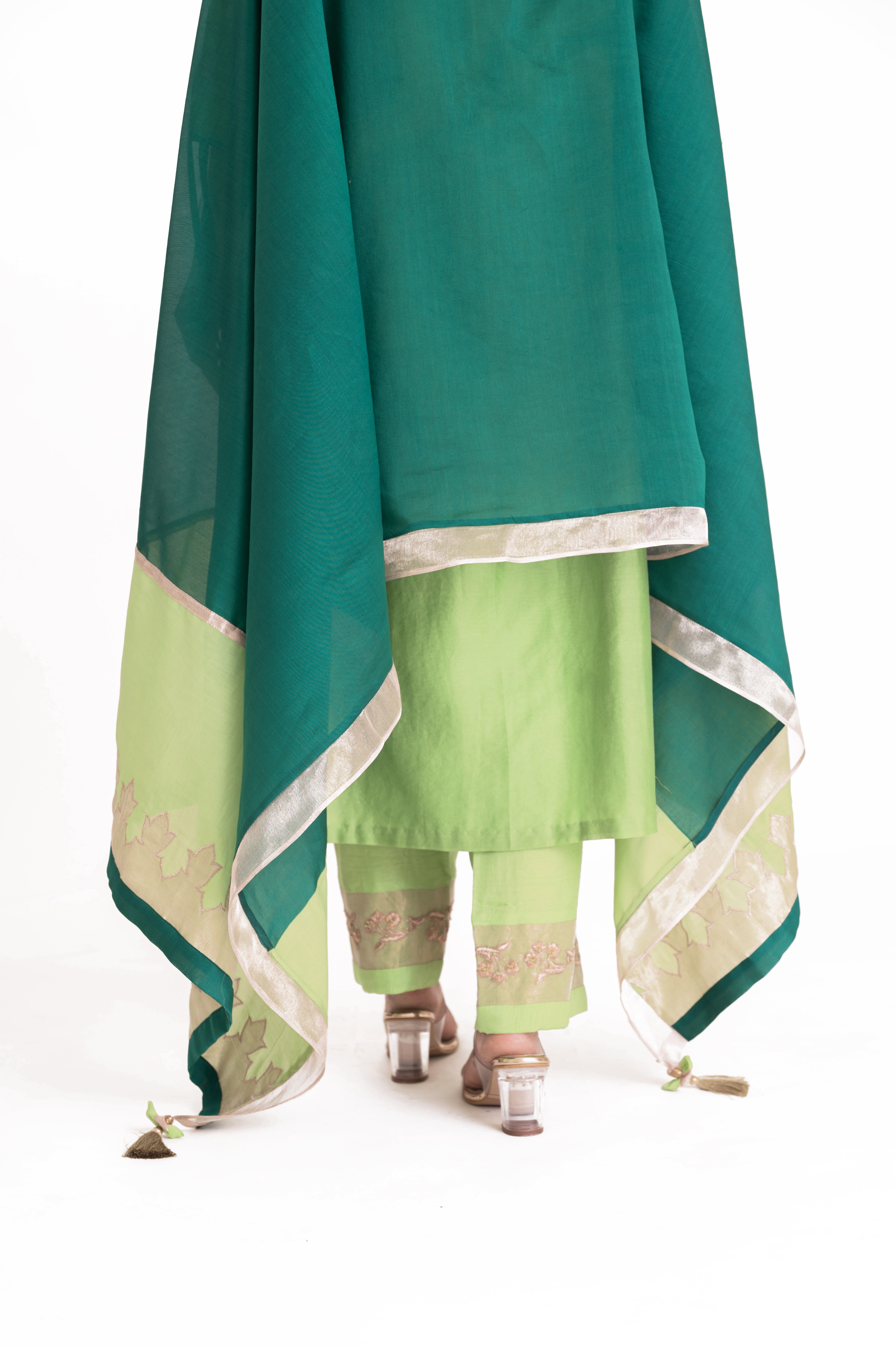 LILA - Pistachio Green - Tissue Patch work Dupatta Kurta Set