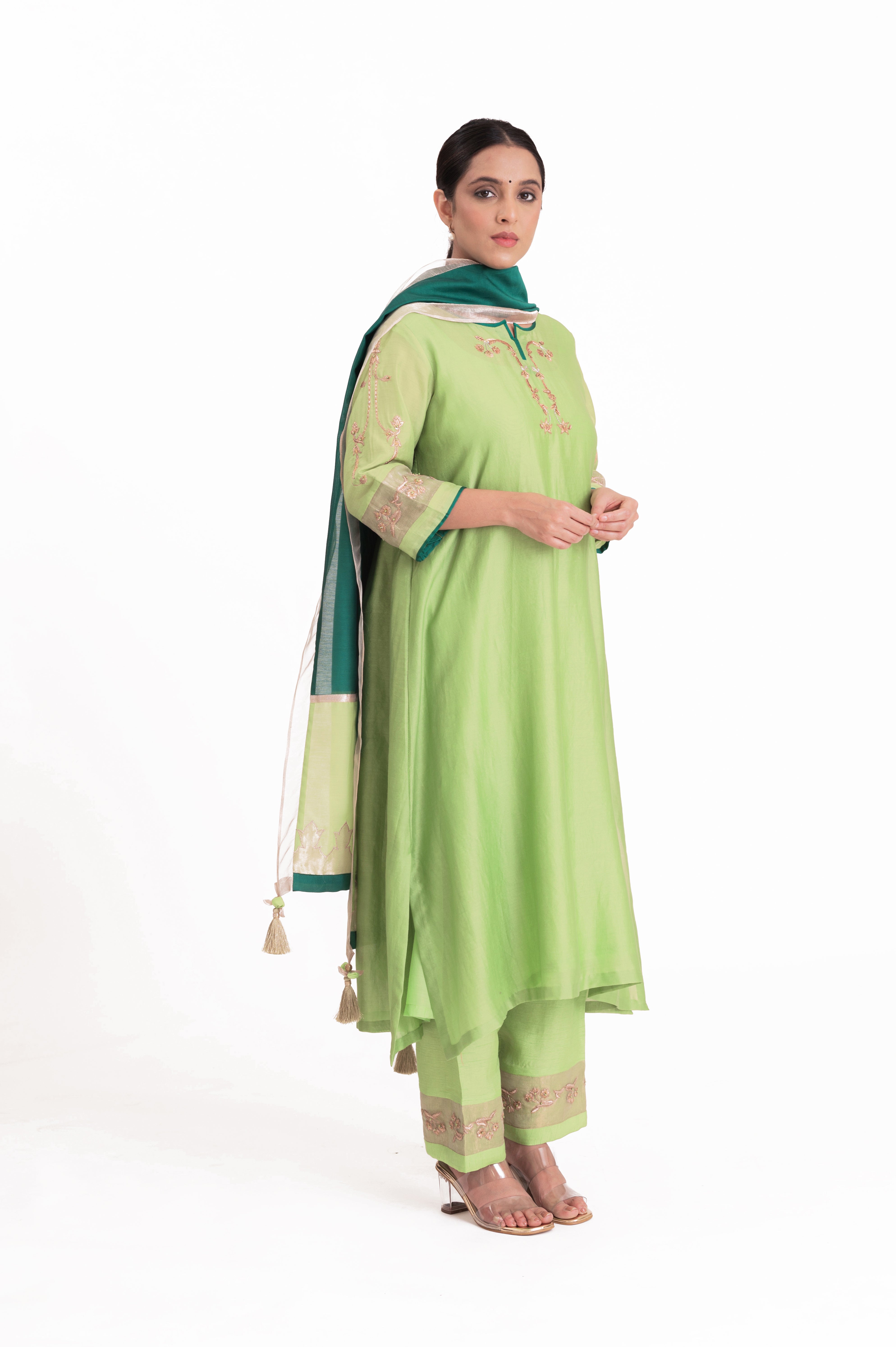 LILA - Pistachio Green - Tissue Patch work Dupatta Kurta Set