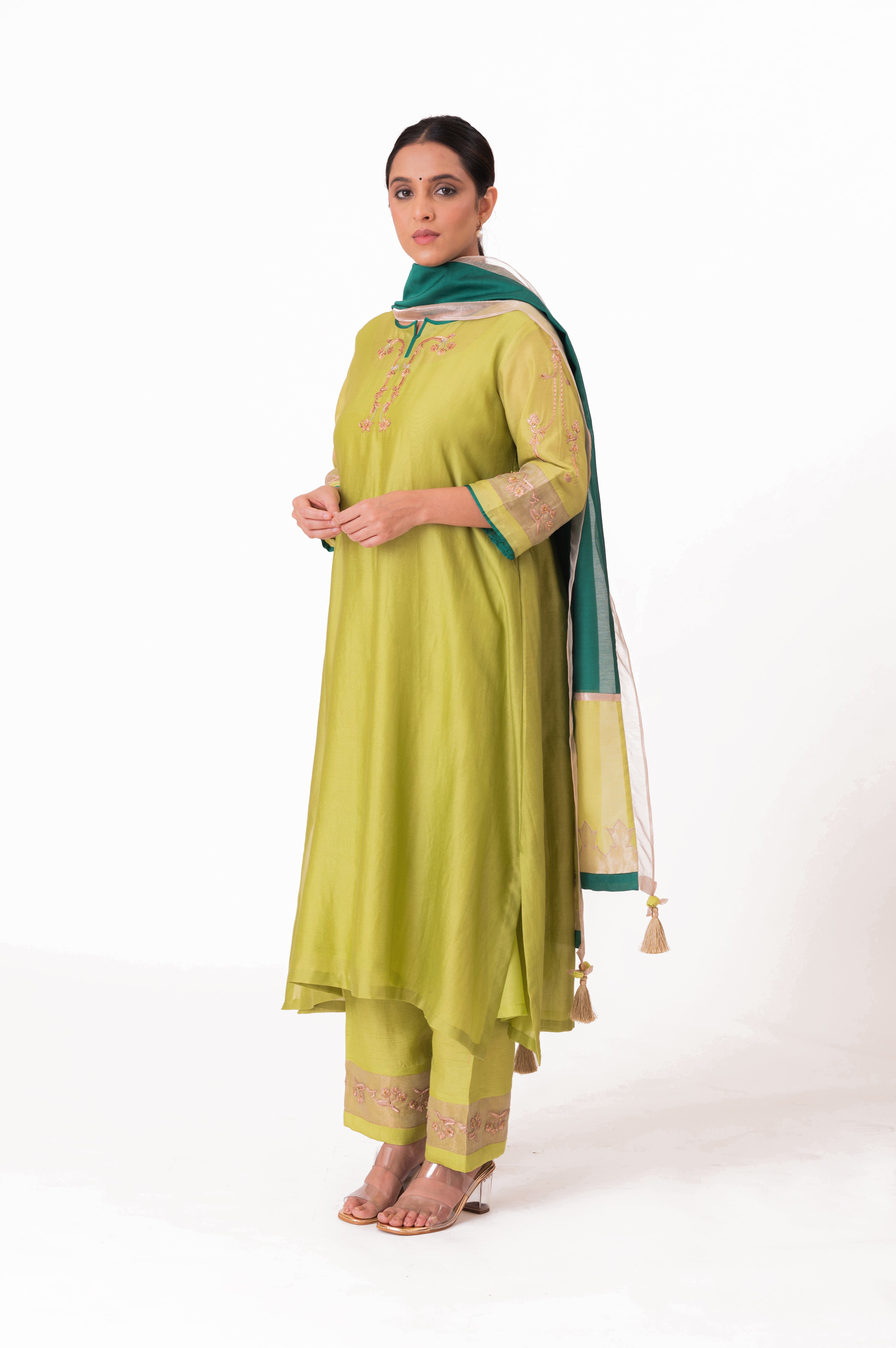 LILA - Lime Green - Tissue Patch work Dupatta Kurta Set