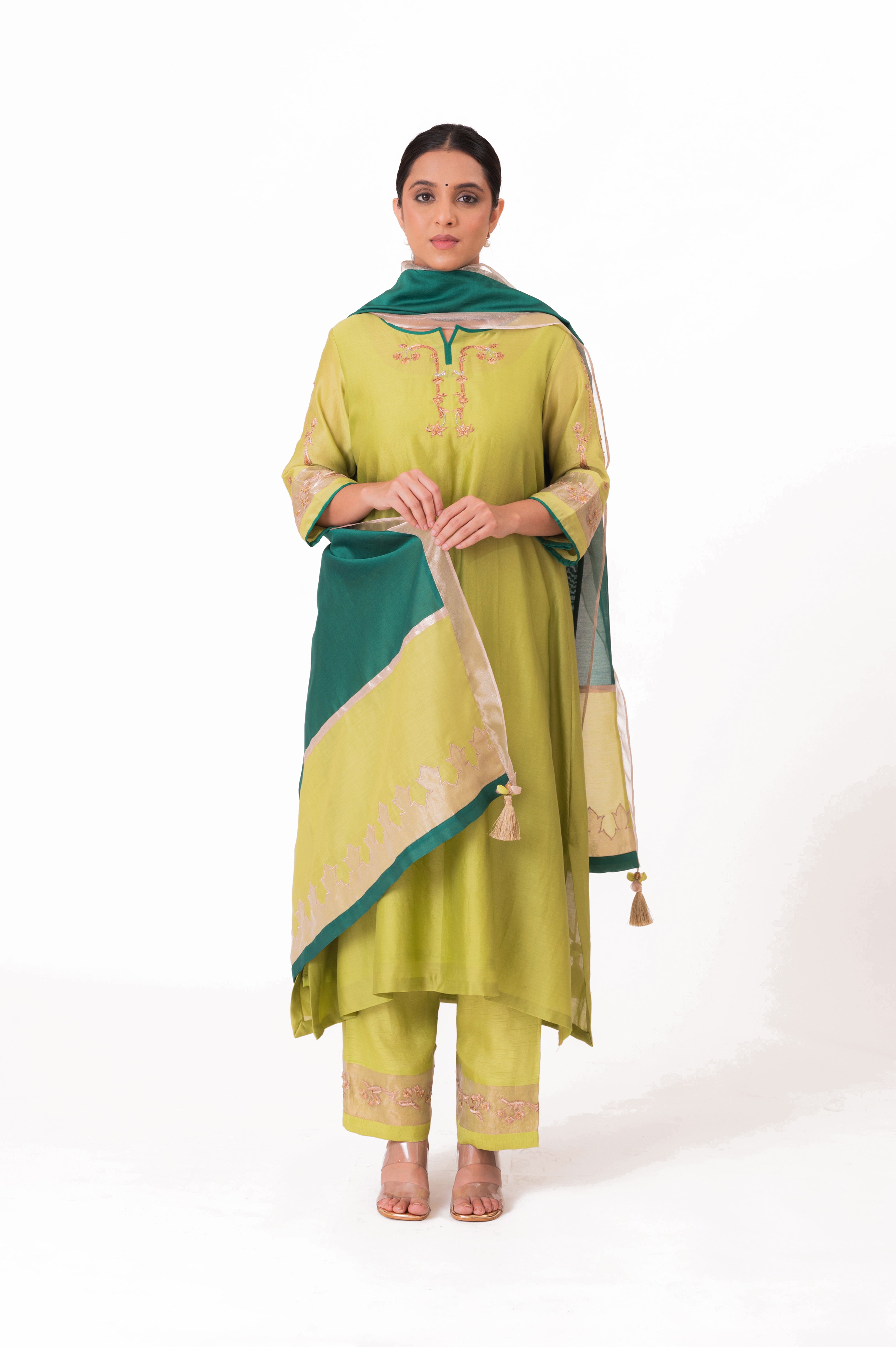 LILA - Lime Green - Tissue Patch work Dupatta Kurta Set