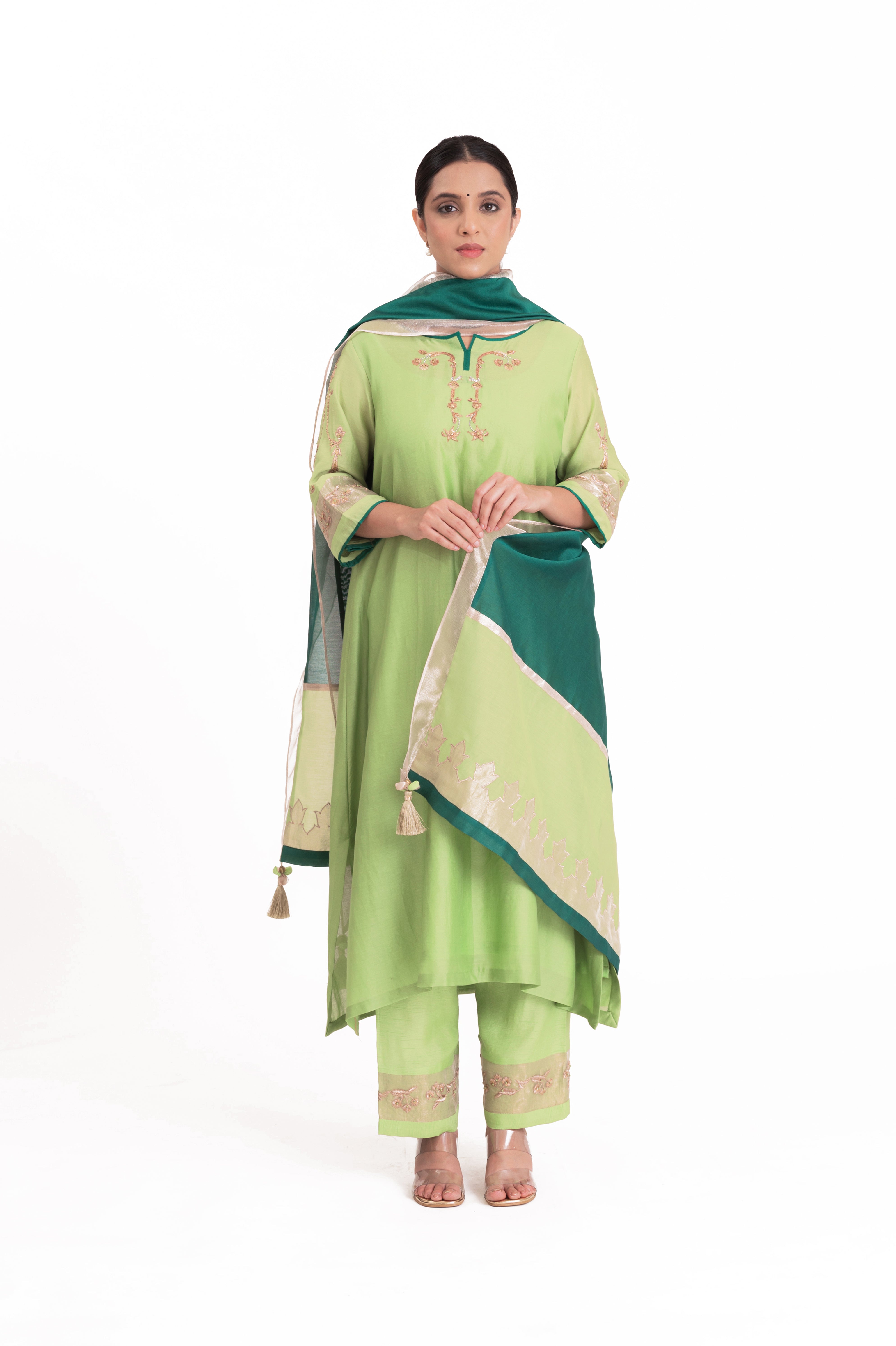 LILA - Pistachio Green - Tissue Patch work Dupatta Kurta Set