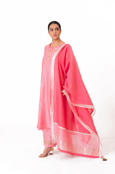 LILA - Lotus Pink - Tissue Patch work Dupatta Kurta Set