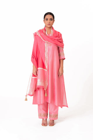 LILA - Lotus Pink - Tissue Patch work Dupatta Kurta Set