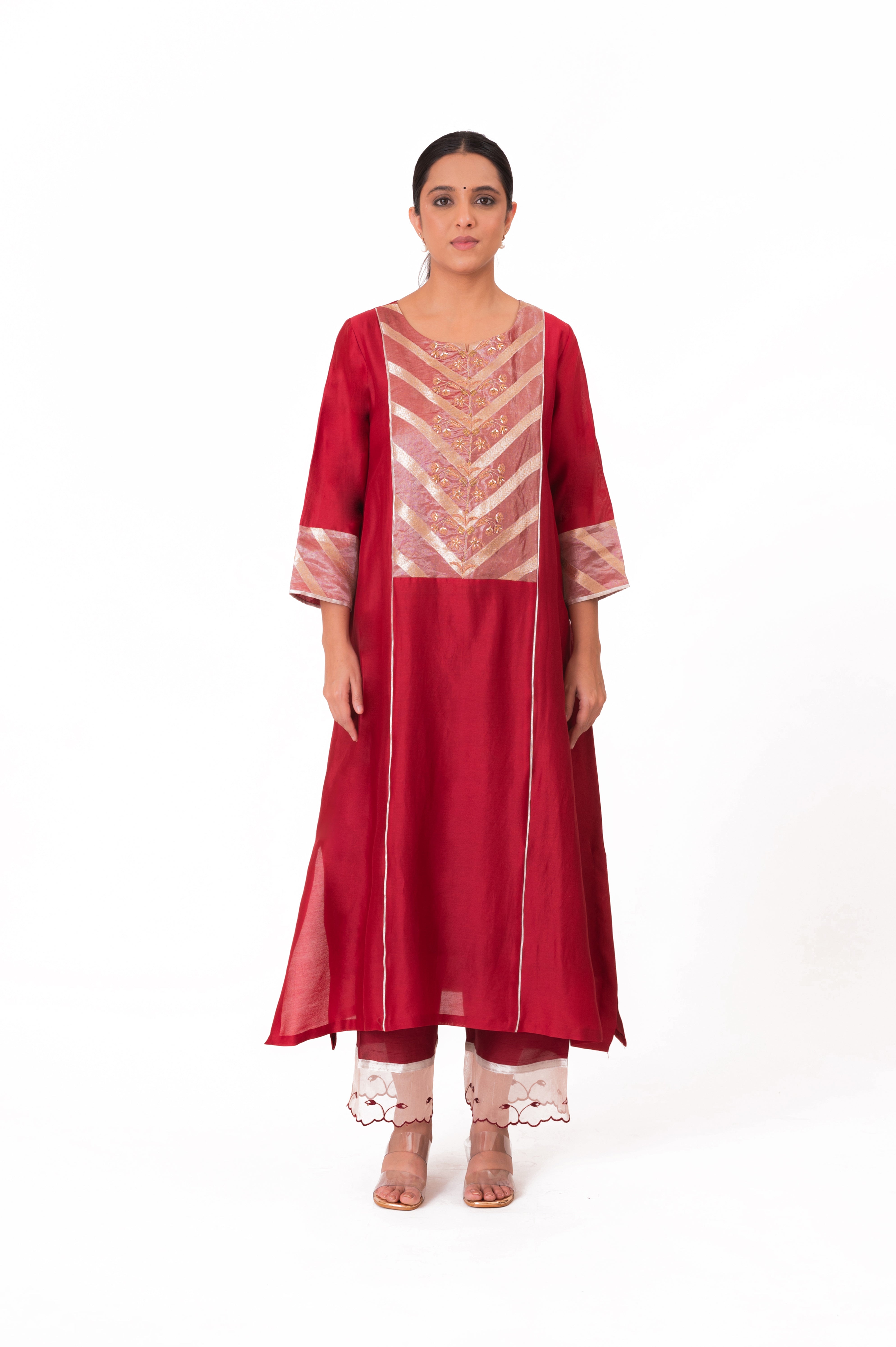 LILA - Crimson Red - Banarasi Yoke Kurta Set