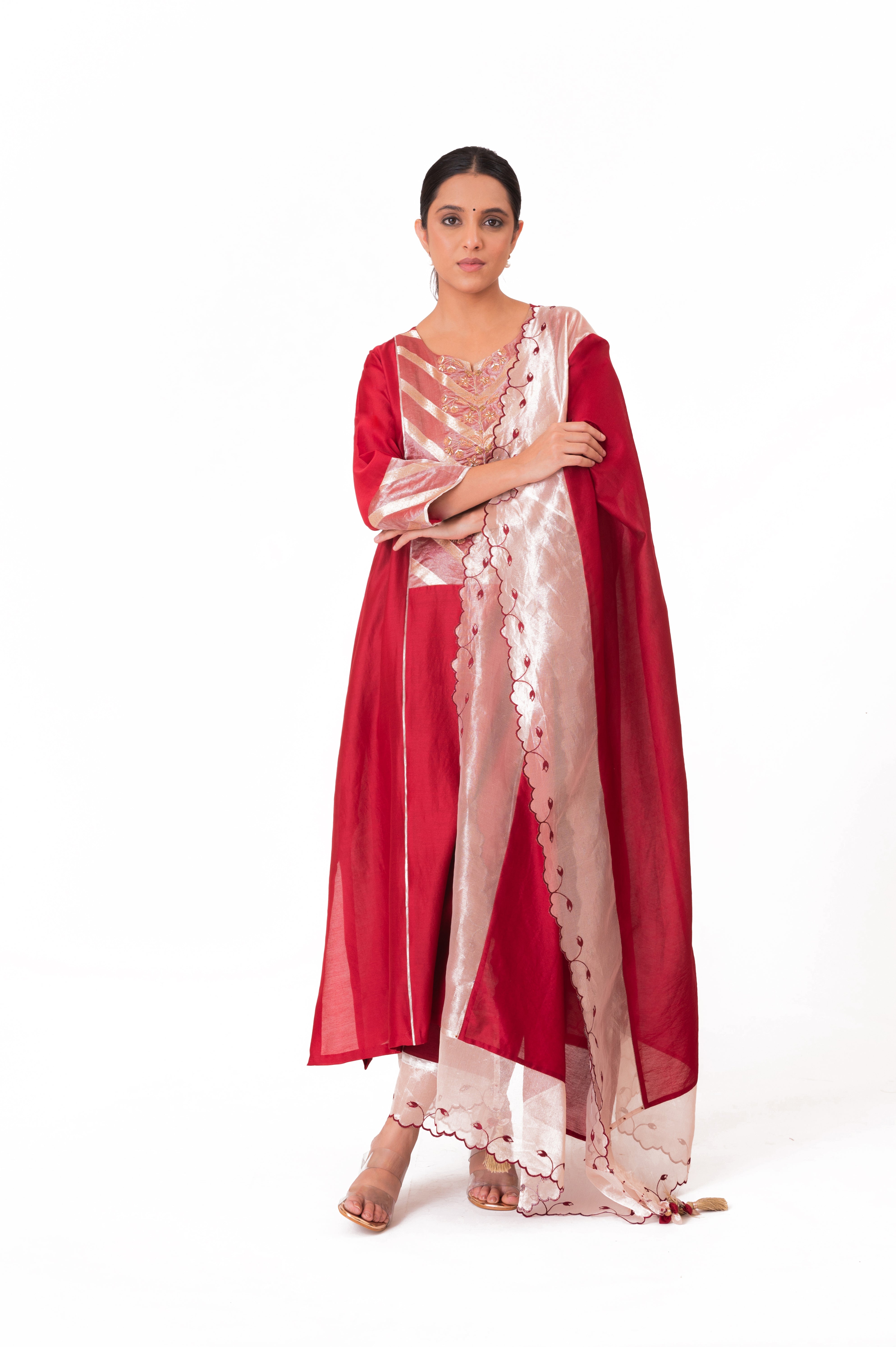 LILA - Crimson Red - Banarasi Yoke Kurta Set