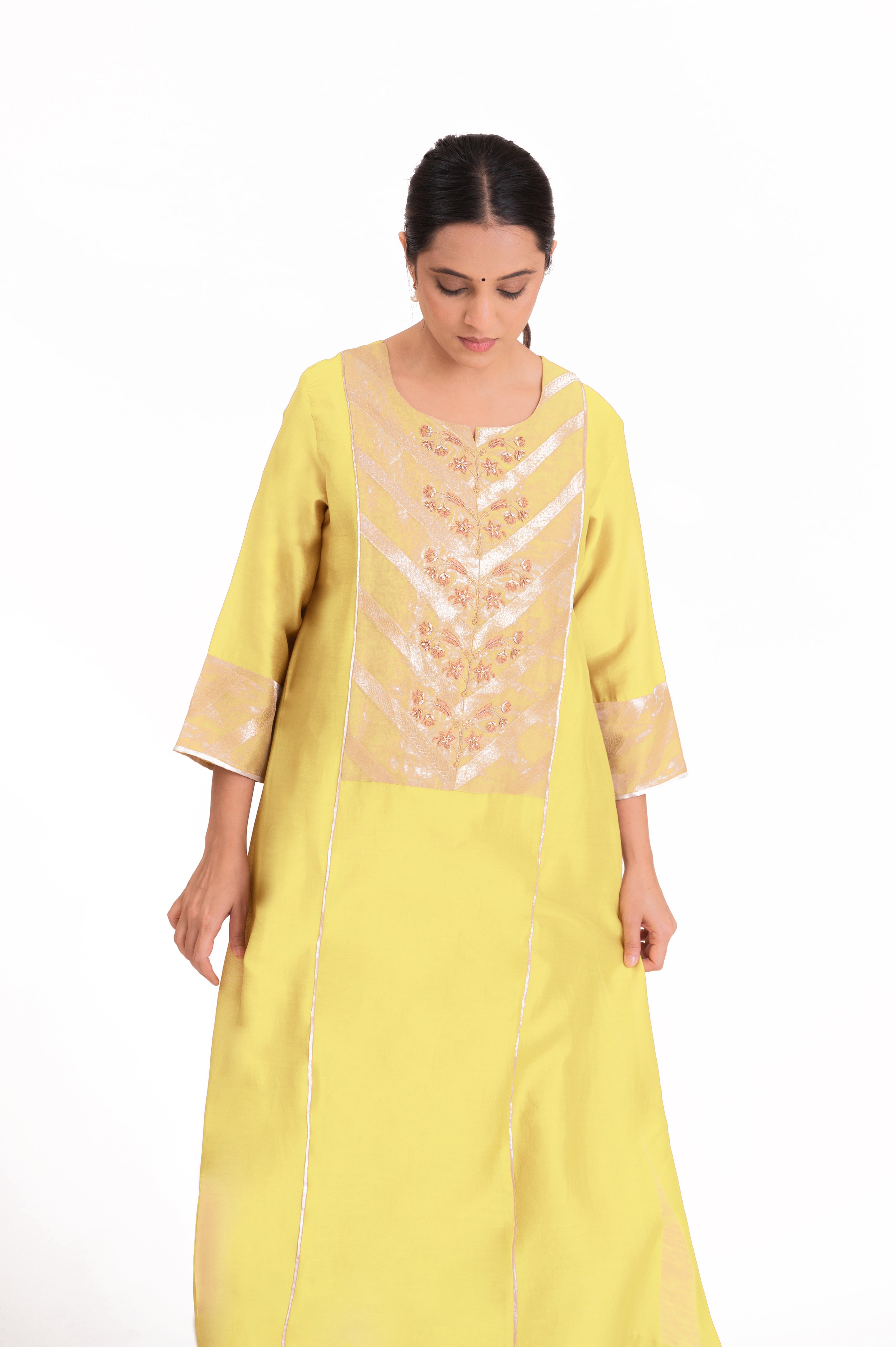 LILA - Pastel Yellow - Banarasi Yoke Kurta Set
