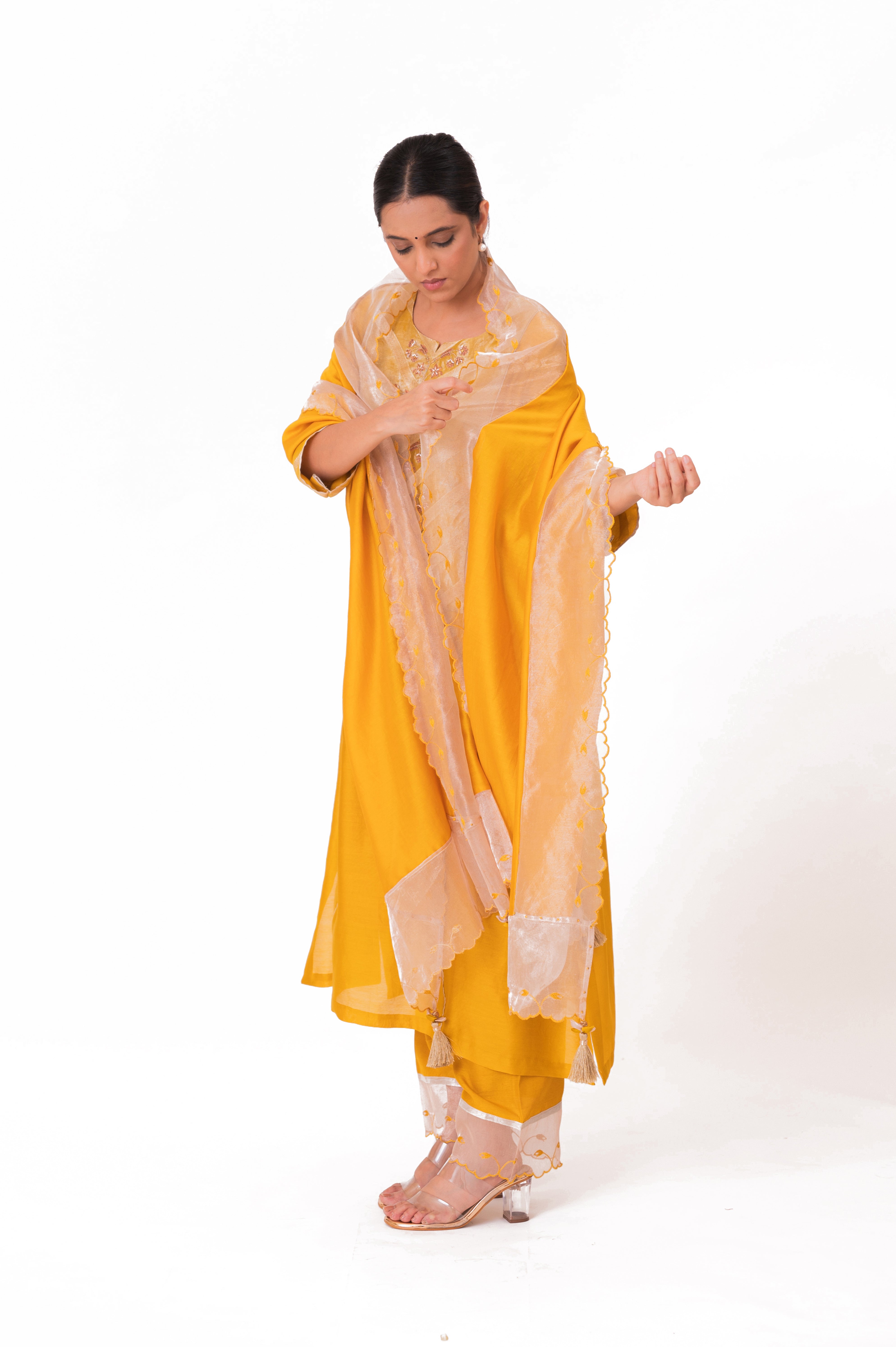 LILA - Golden Yellow - Banarasi Yoke Kurta Set