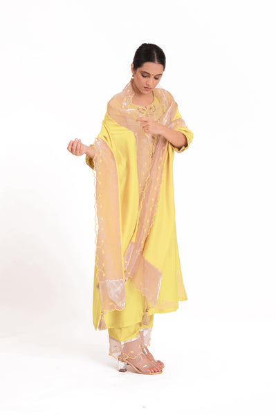 LILA - Pastel Yellow - Banarasi Yoke Kurta Set