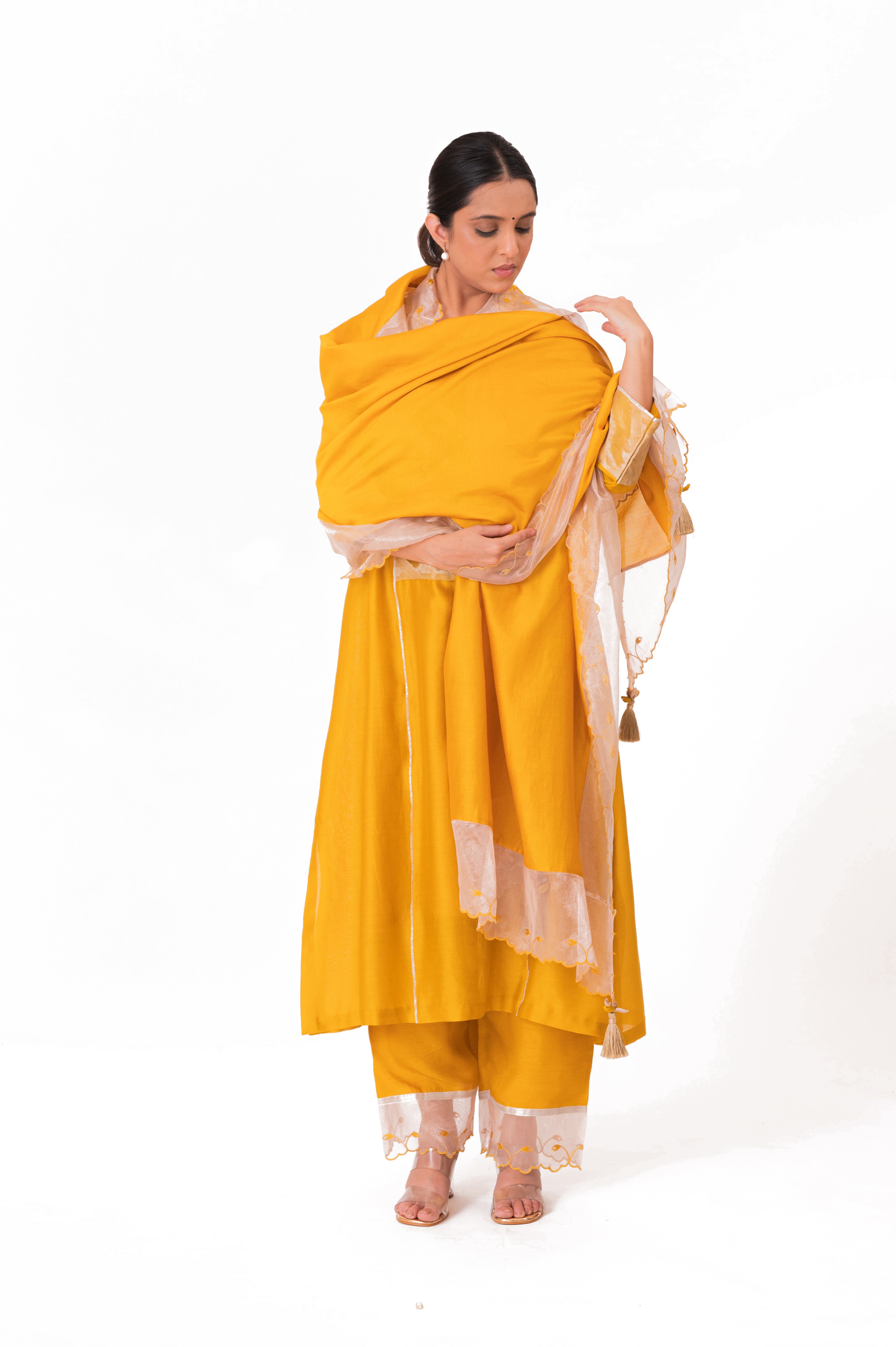 LILA - Golden Yellow - Banarasi Yoke Kurta Set