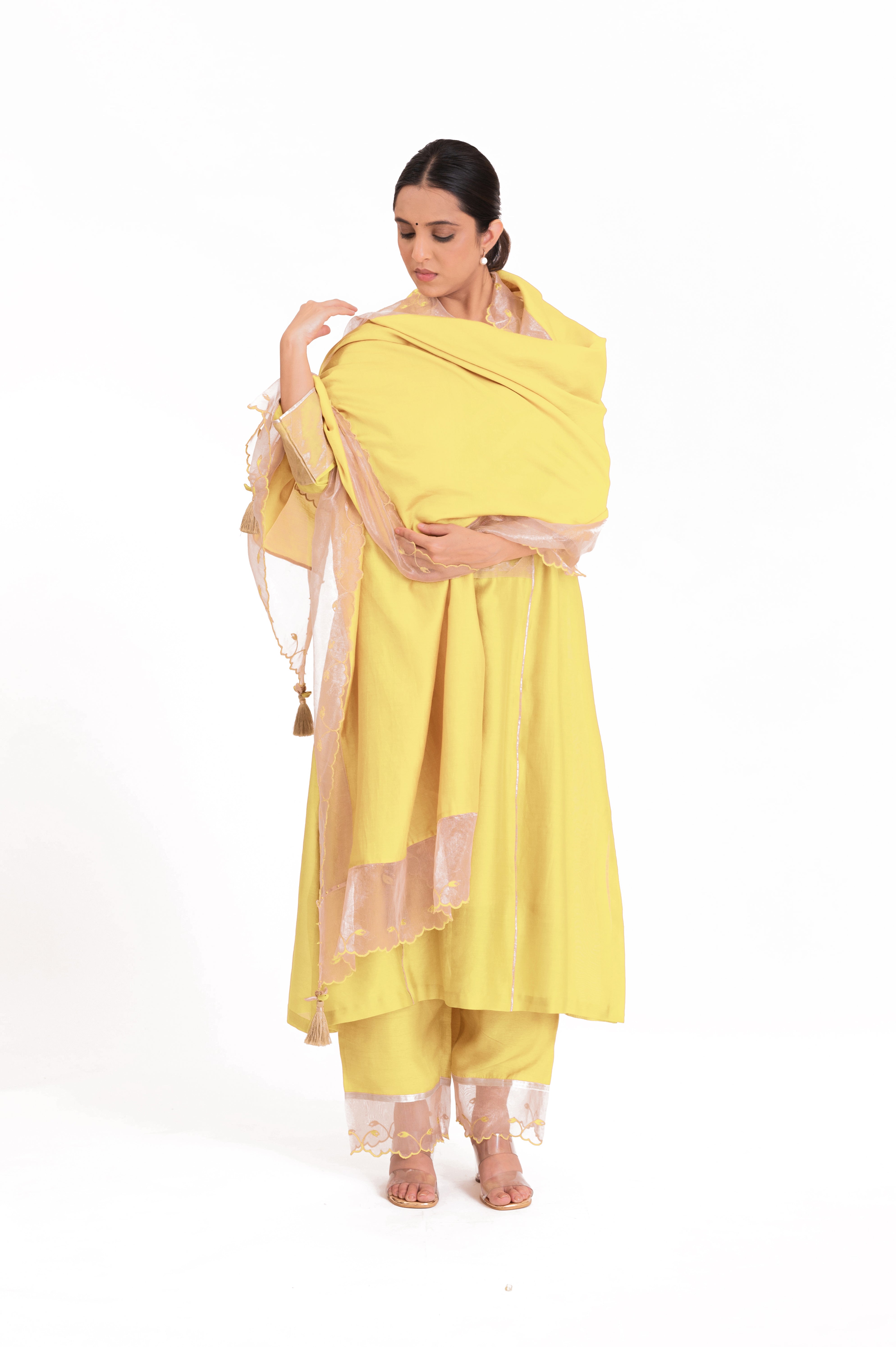 LILA - Pastel Yellow - Banarasi Yoke Kurta Set