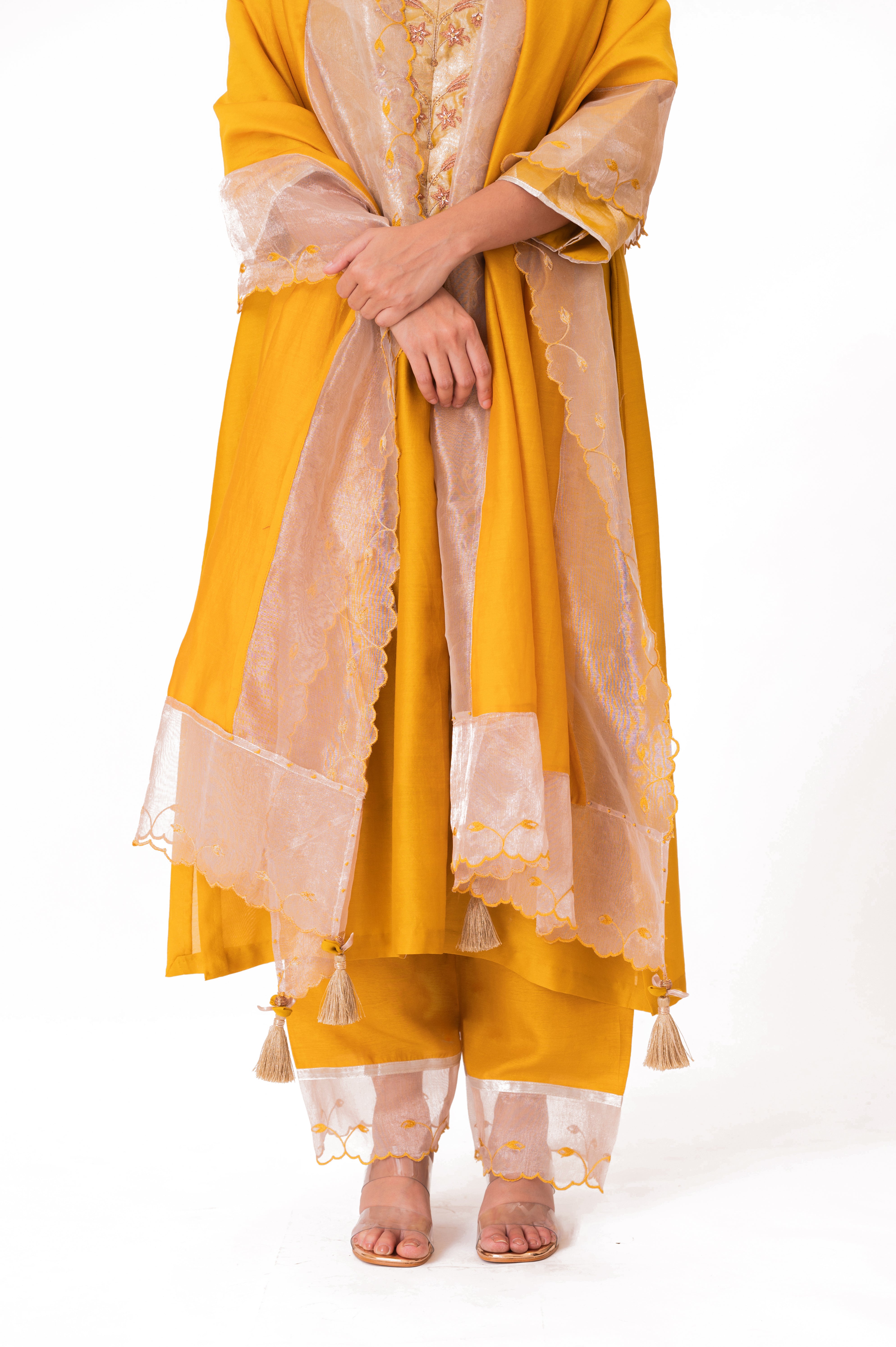 LILA - Golden Yellow - Banarasi Yoke Kurta Set