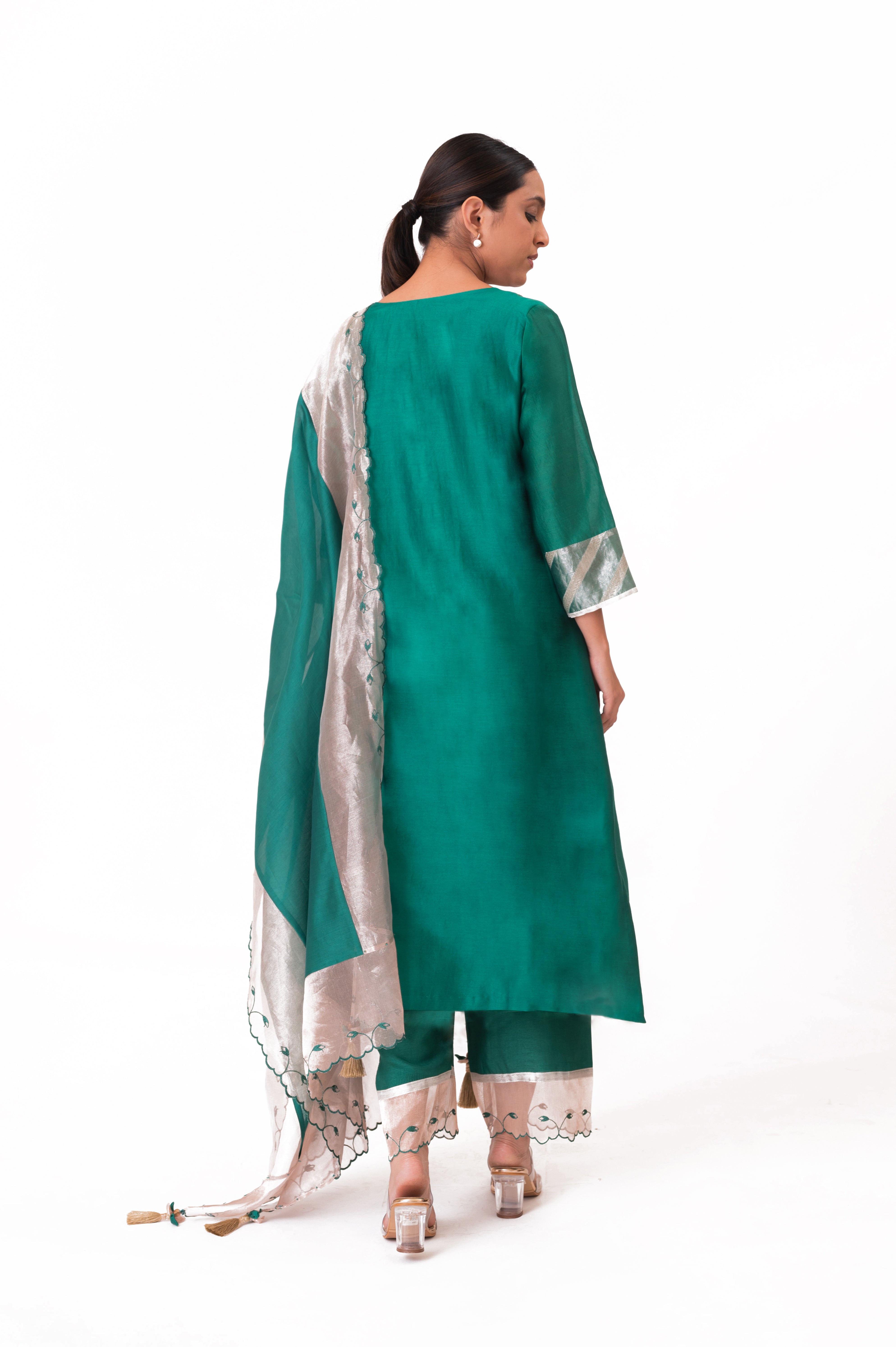 LILA - Emerald Green - Banarasi Yoke Kurta Set