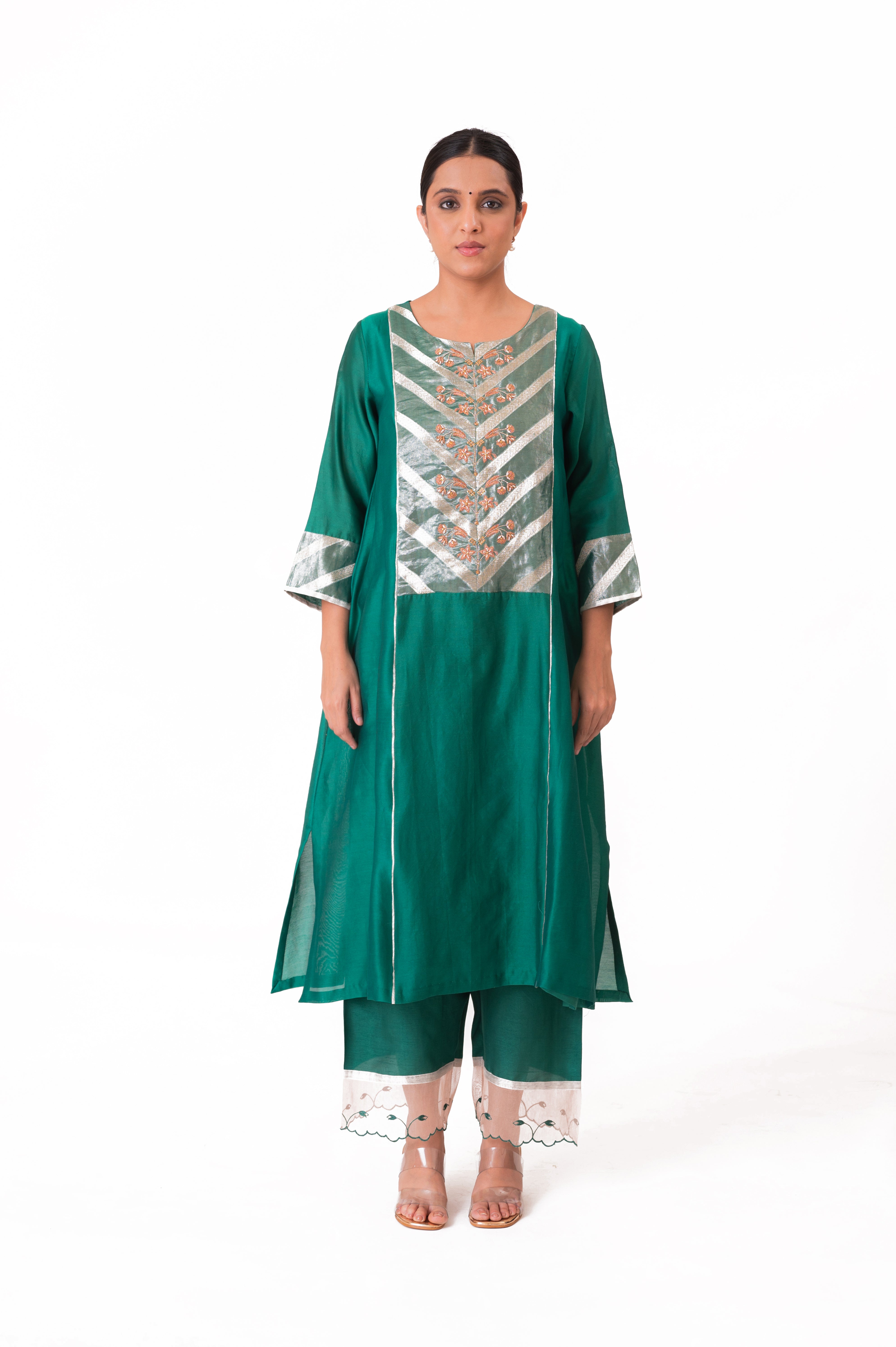 LILA - Emerald Green - Banarasi Yoke Kurta Set