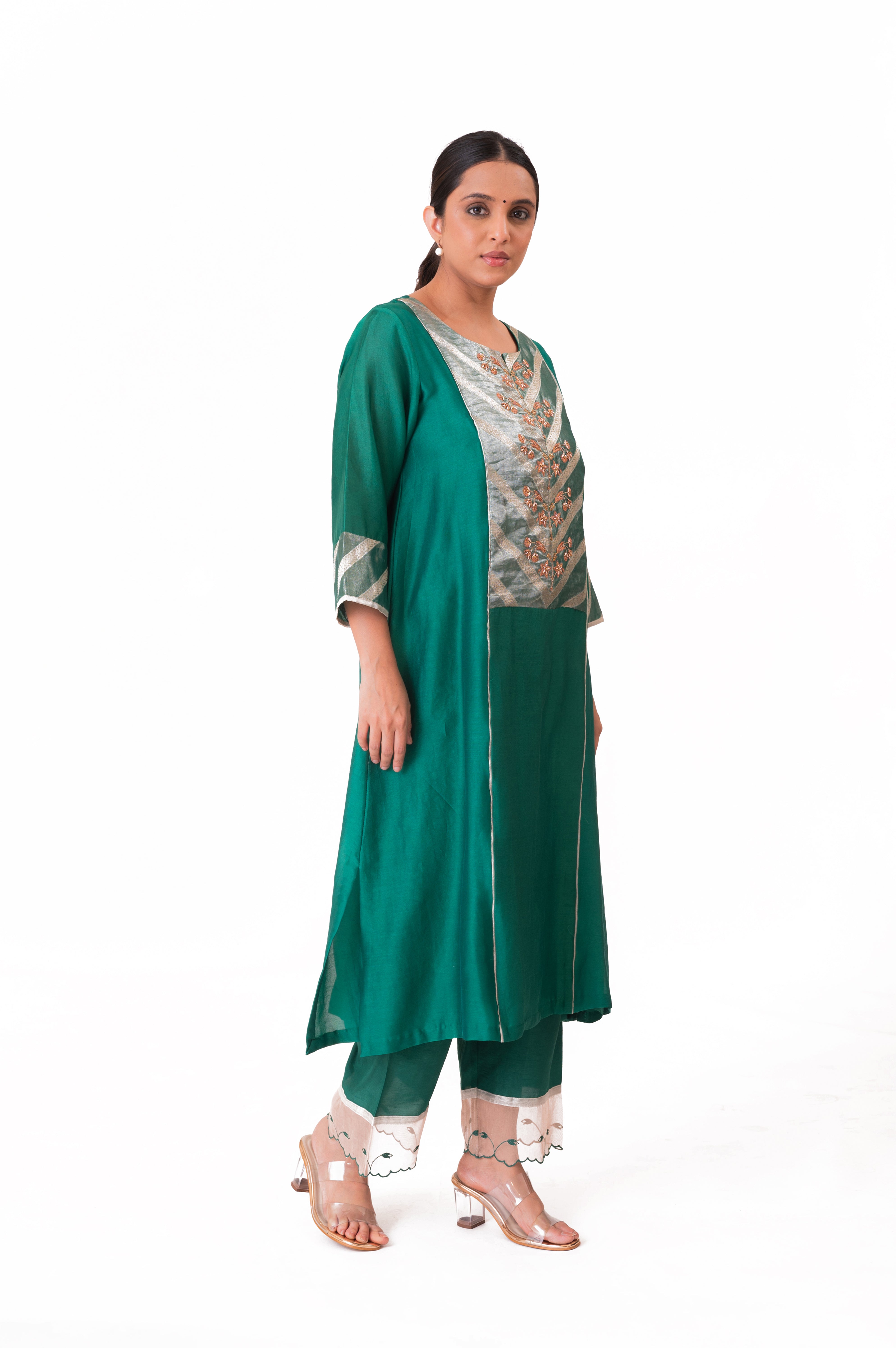 LILA - Emerald Green - Banarasi Yoke Kurta Set
