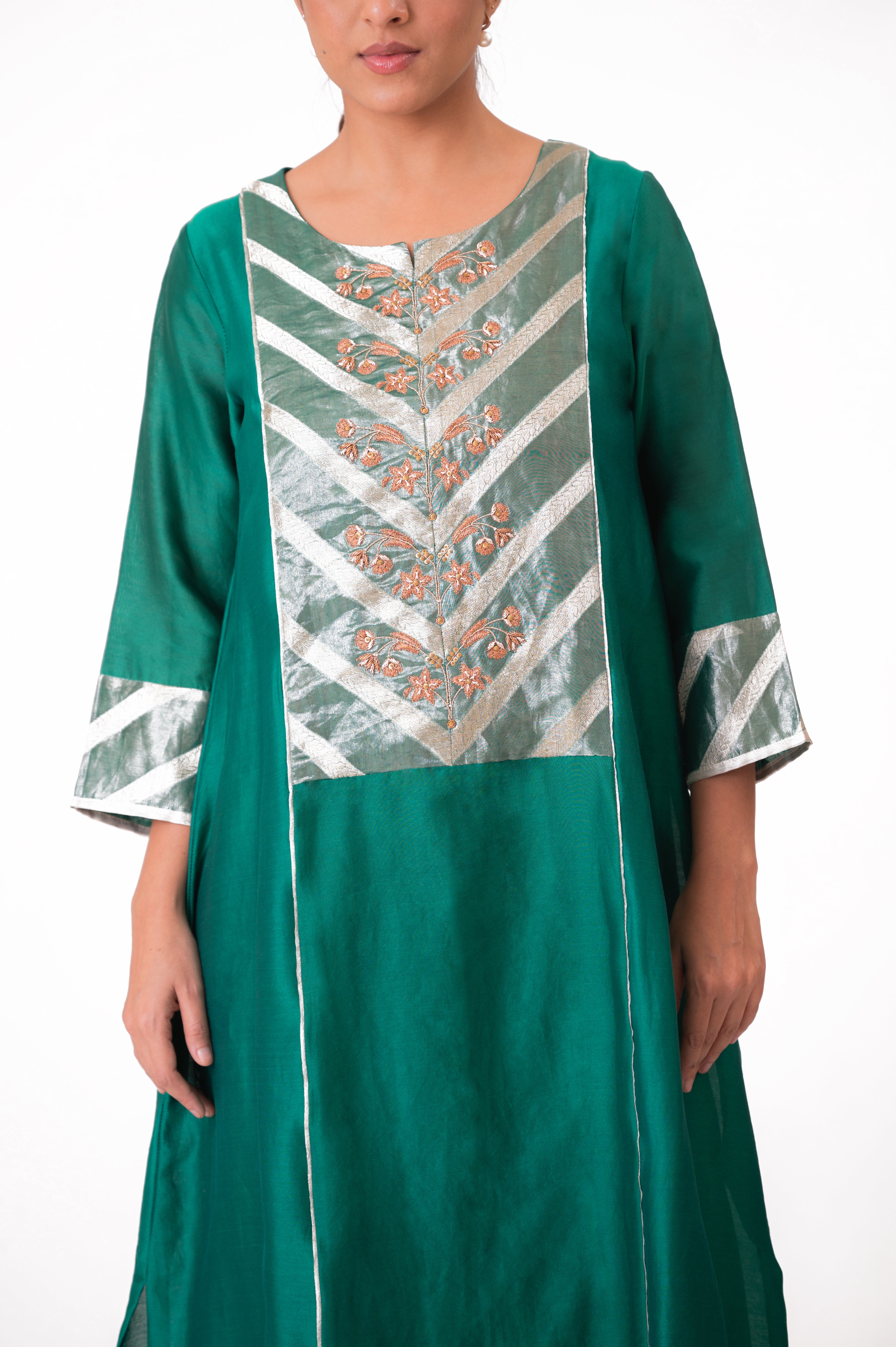 LILA - Emerald Green - Banarasi Yoke Kurta Set