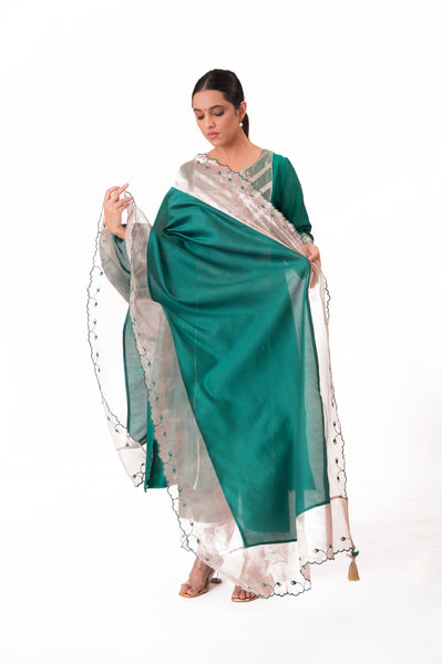 LILA - Emerald Green - Banarasi Yoke Kurta Set